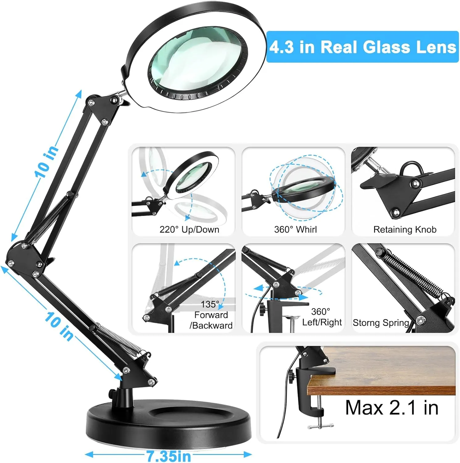 10X Magnifying Glass with Light and Stand, 5 Color Modes Stepless Dimmable 2-in-1 Lighted Magnifier with Clamp, LED Desk Lamp Hands Free for Crafts Hobby Reading Painting Sewing Close Work