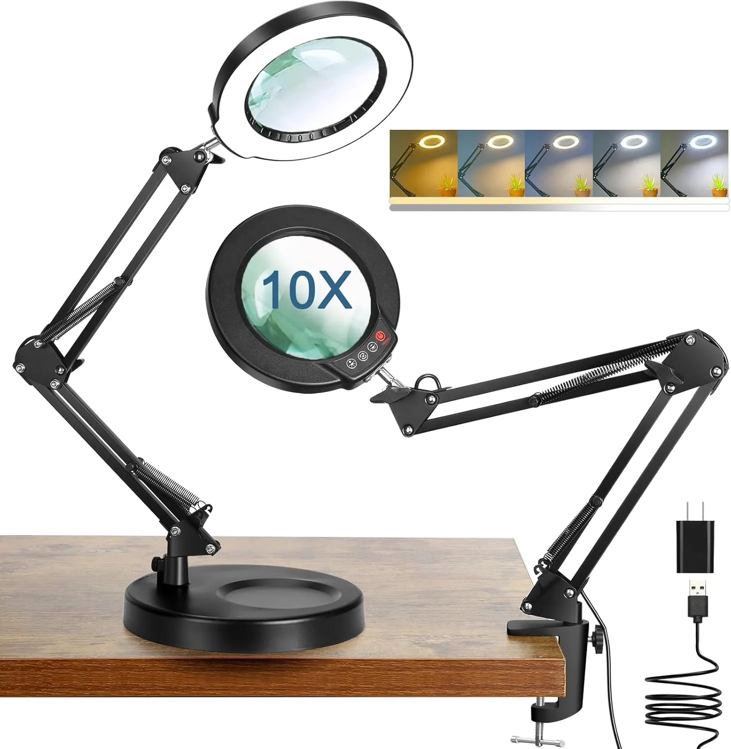 10X Magnifying Glass with Light and Stand, 5 Color Modes Stepless Dimmable 2-in-1 Lighted Magnifier with Clamp, LED Desk Lamp Hands Free for Crafts Hobby Reading Painting Sewing Close Work