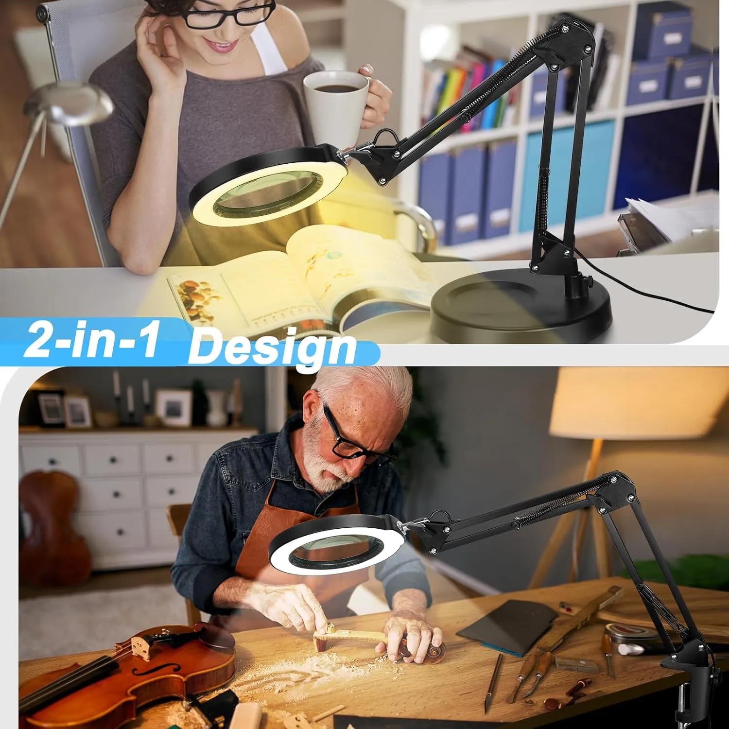 10X Magnifying Glass with Light and Stand, 5 Color Modes Stepless Dimmable 2-in-1 Lighted Magnifier with Clamp, LED Desk Lamp Hands Free for Crafts Hobby Reading Painting Sewing Close Work