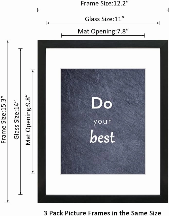 11x14 Picture Frame Set of 3 with Real Glass for Pictures 8x10 with Mat or 11x14 Without Mat, Wall Gallery or Tabletop display Photo Frames in Black