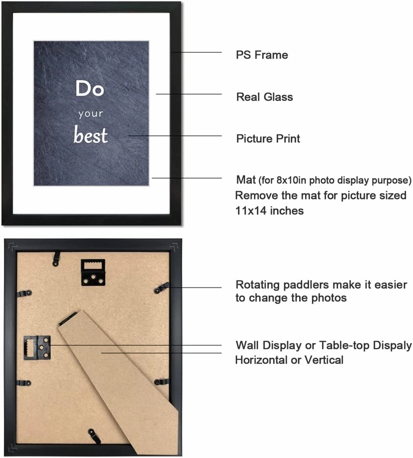 11x14 Picture Frame Set of 3 with Real Glass for Pictures 8x10 with Mat or 11x14 Without Mat, Wall Gallery or Tabletop display Photo Frames in Black