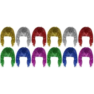 12 Packs Tinsel Party Wigs, Foil Wig Funny Shiny Wig Cosplay Party Wig Set Tinsel Party Supplies for Party Festival Costume Photo Props Men Women, Short Hair Wig