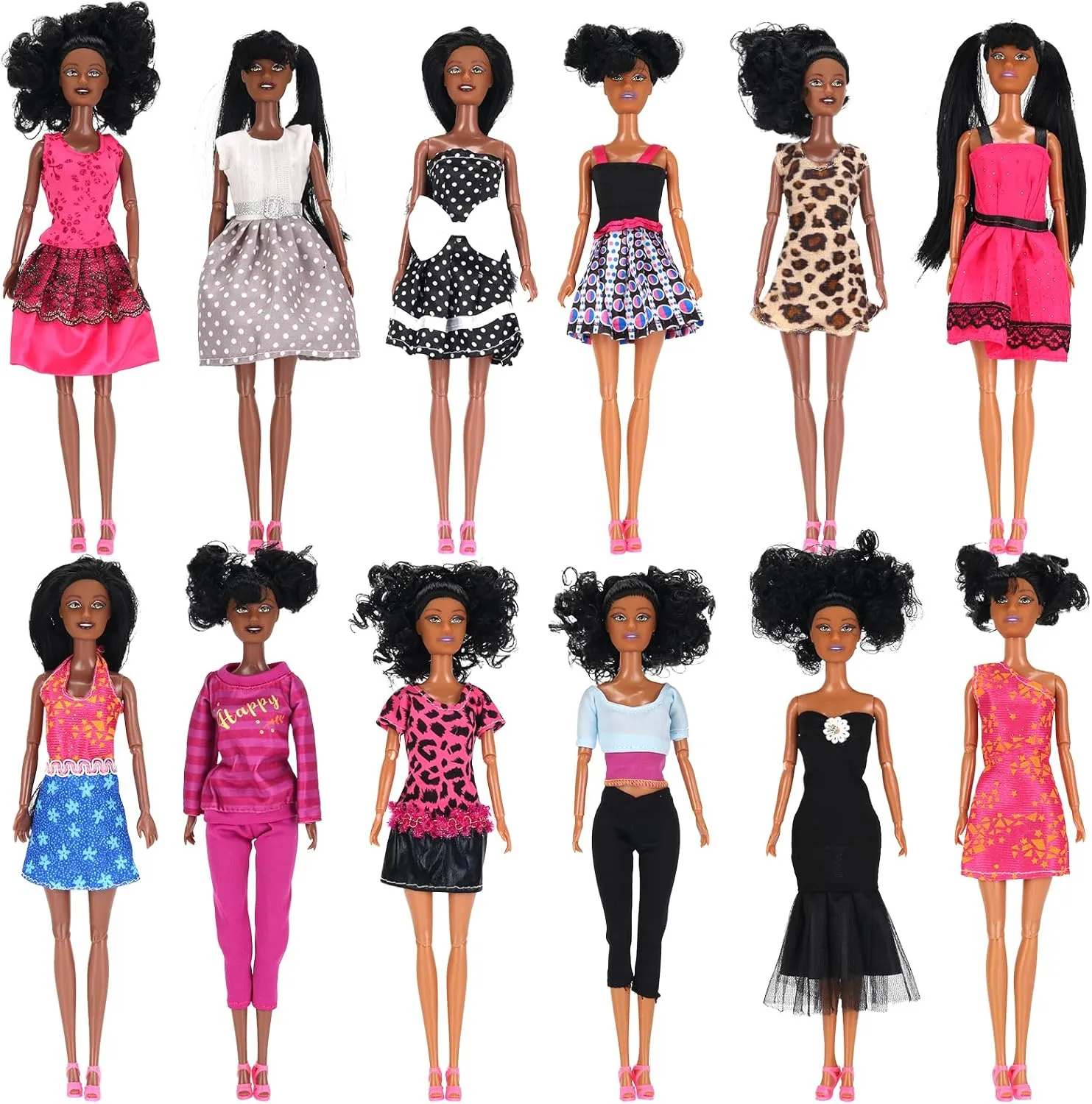 12 Piece African American Black Toy Doll Playset, 11.8" Premium Fashion Diversity Dolls, Variety Pack for Kids, Girls' Party Favors