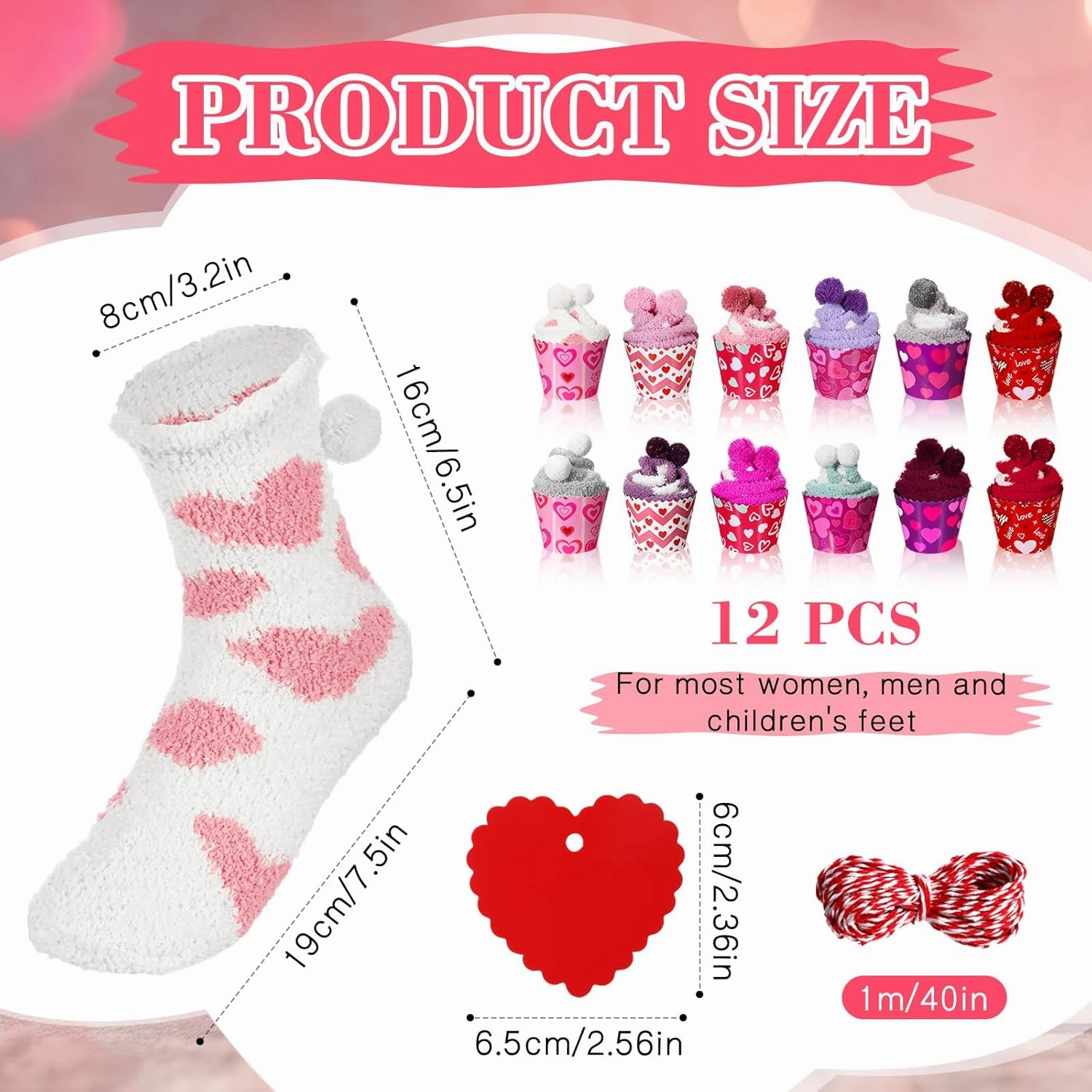 12 Pair Valentine's Day Cupcake Socks Fuzzy Socks Gift with Cupcake Card Cute DIY Present for Women Men