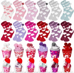 12 Pair Valentine's Day Cupcake Socks Fuzzy Socks Gift with Cupcake Card Cute DIY Present for Women Men