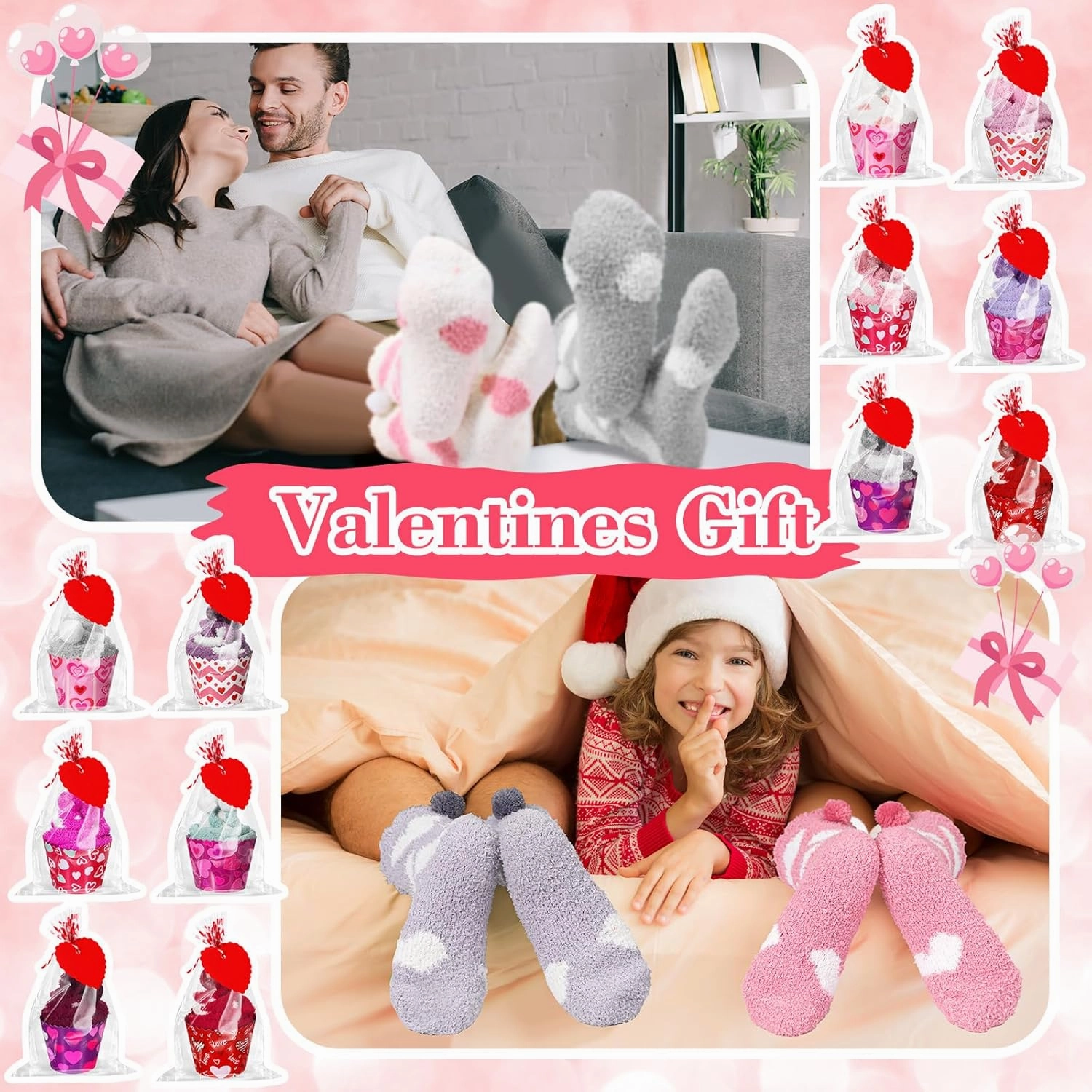 12 Pair Valentine's Day Cupcake Socks Fuzzy Socks Gift with Cupcake Card Cute DIY Present for Women Men