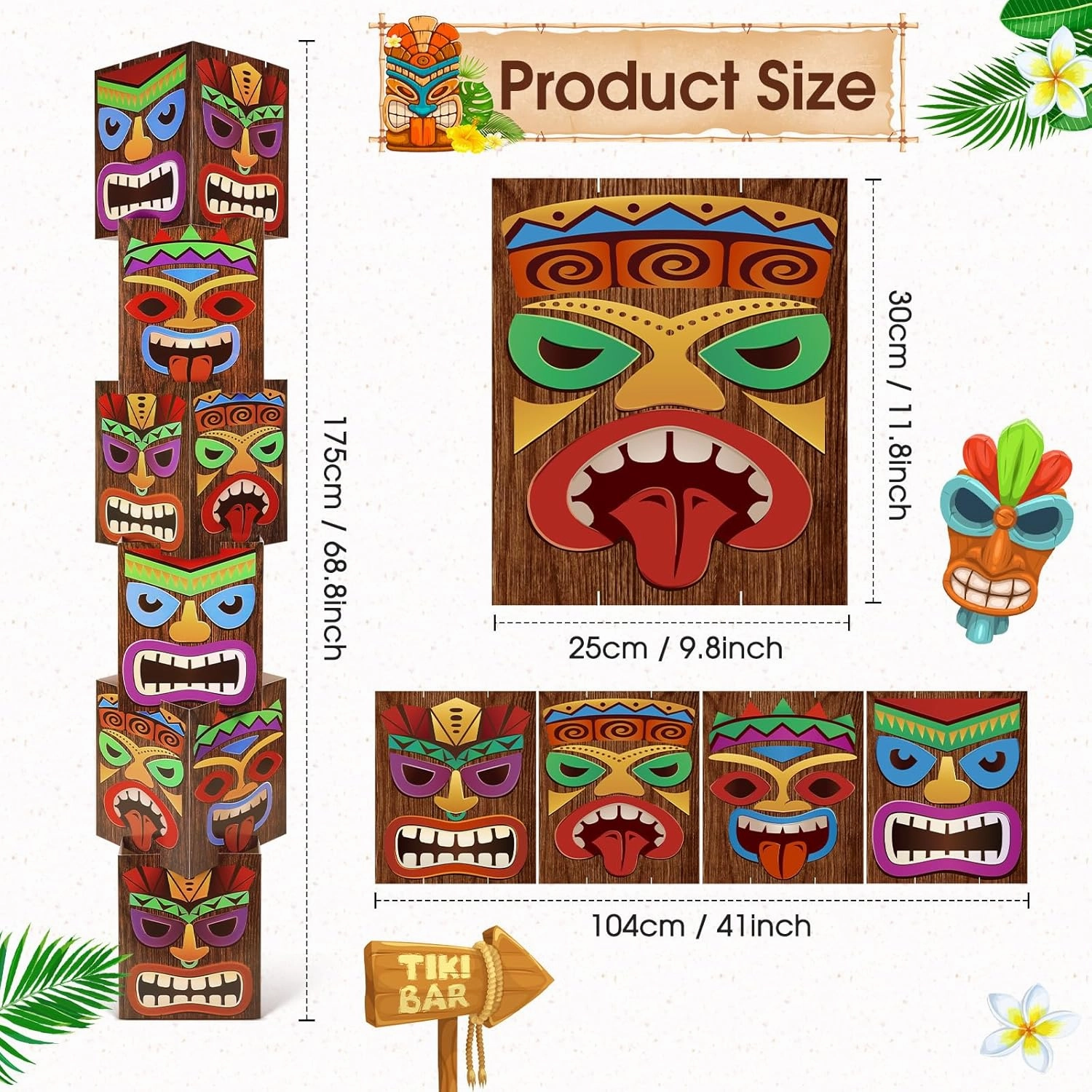 12 Pcs Luau Party Decorations Tiki Totem Pole Decor Column Card Stock 68.8 Inch Height Three Dimensional for Hawaiian Luau Birthday Party Home Outdoor Indoor Tropical Theme Decor (4 Sides)
