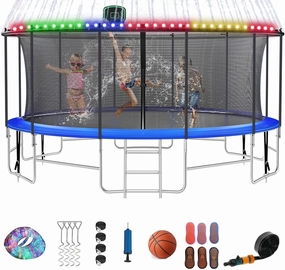 12FT 14FT 16FT Tranpoline for Adults and Kids, 1500 LBS Outdoor Tranpoline with Light, Sprinkler, Socks, Outdoor Recreational Tranpoline Heavy Duty - ASTM CPC CPSIA