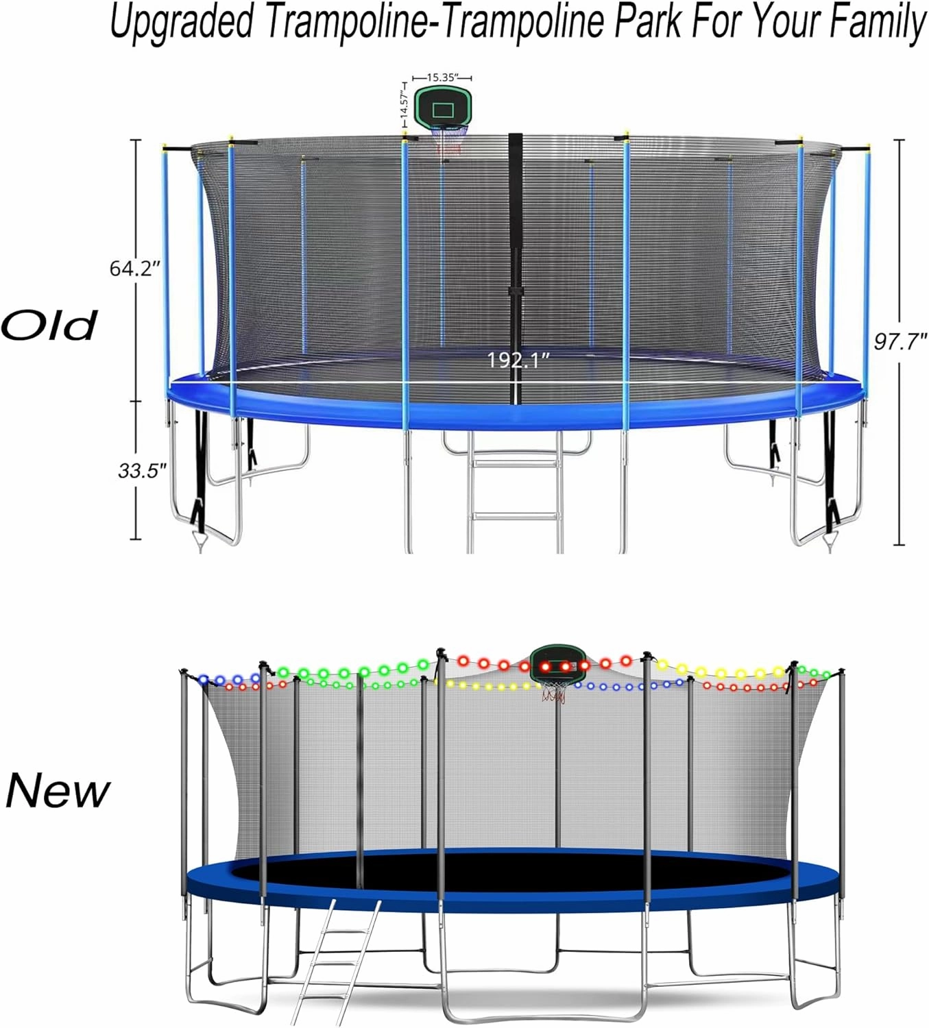12FT 14FT 16FT Tranpoline for Adults and Kids, 1500 LBS Outdoor Tranpoline with Light, Sprinkler, Socks, Outdoor Recreational Tranpoline Heavy Duty - ASTM CPC CPSIA