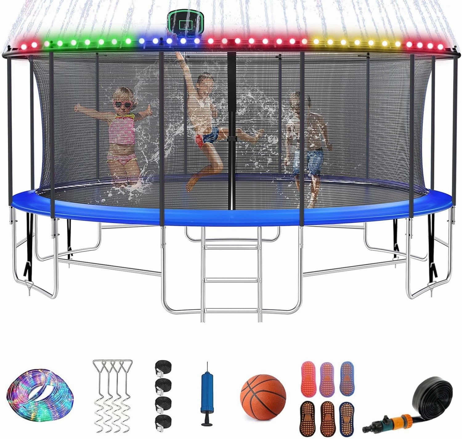 12FT 14FT 16FT Tranpoline for Adults and Kids, 1500 LBS Outdoor Tranpoline with Light, Sprinkler, Socks, Outdoor Recreational Tranpoline Heavy Duty - ASTM CPC CPSIA