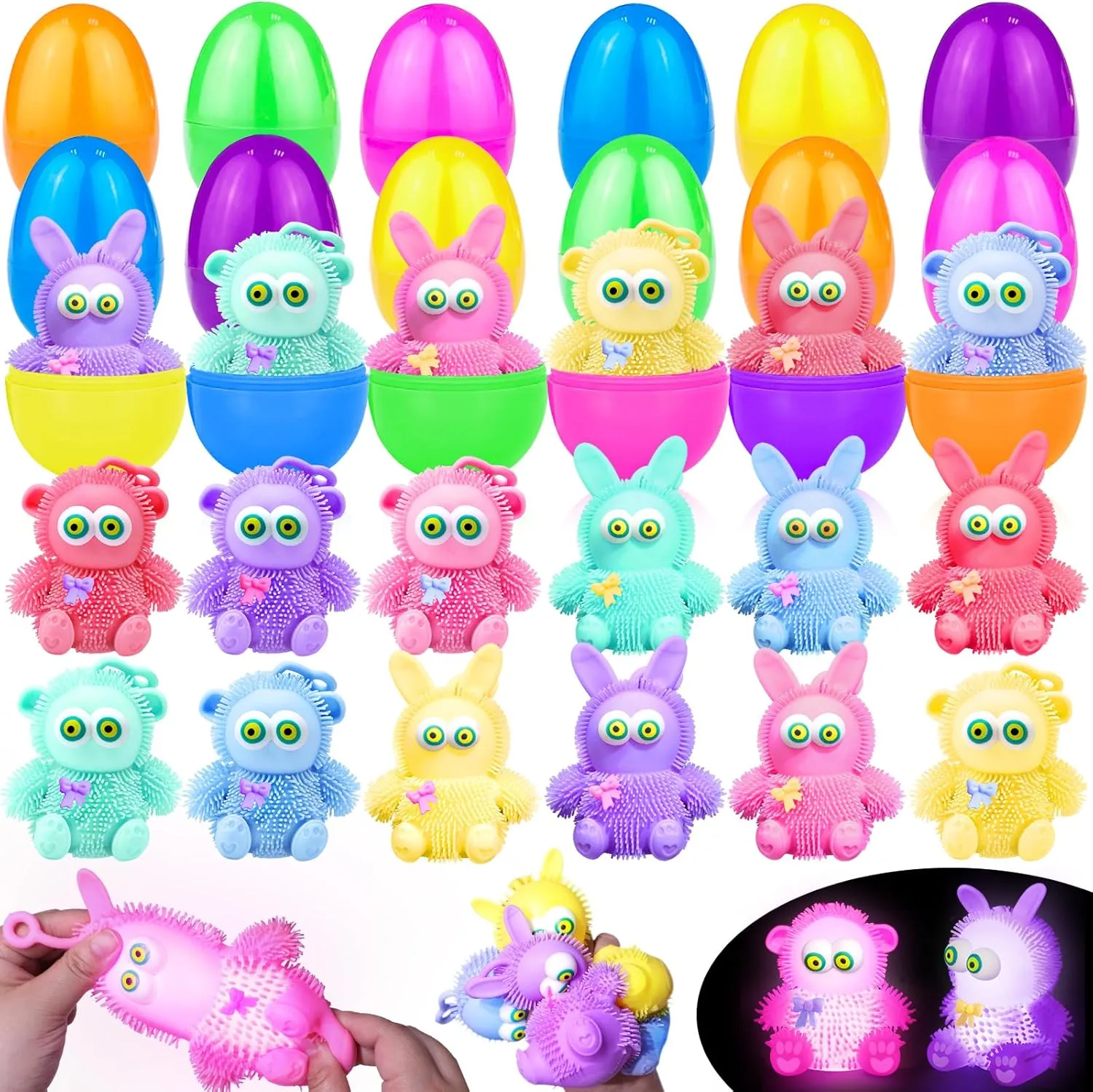 12Pack 4" Easter Eggs Prefilled Bunny Monkey LED Puffer Balls Easter Egg Fillers, Light Up Squeeze Sensory Ball Fidget Toys Easter Eggs Hunts Party Favors, Easter Basket Stuffers Teens enns Boys Girls