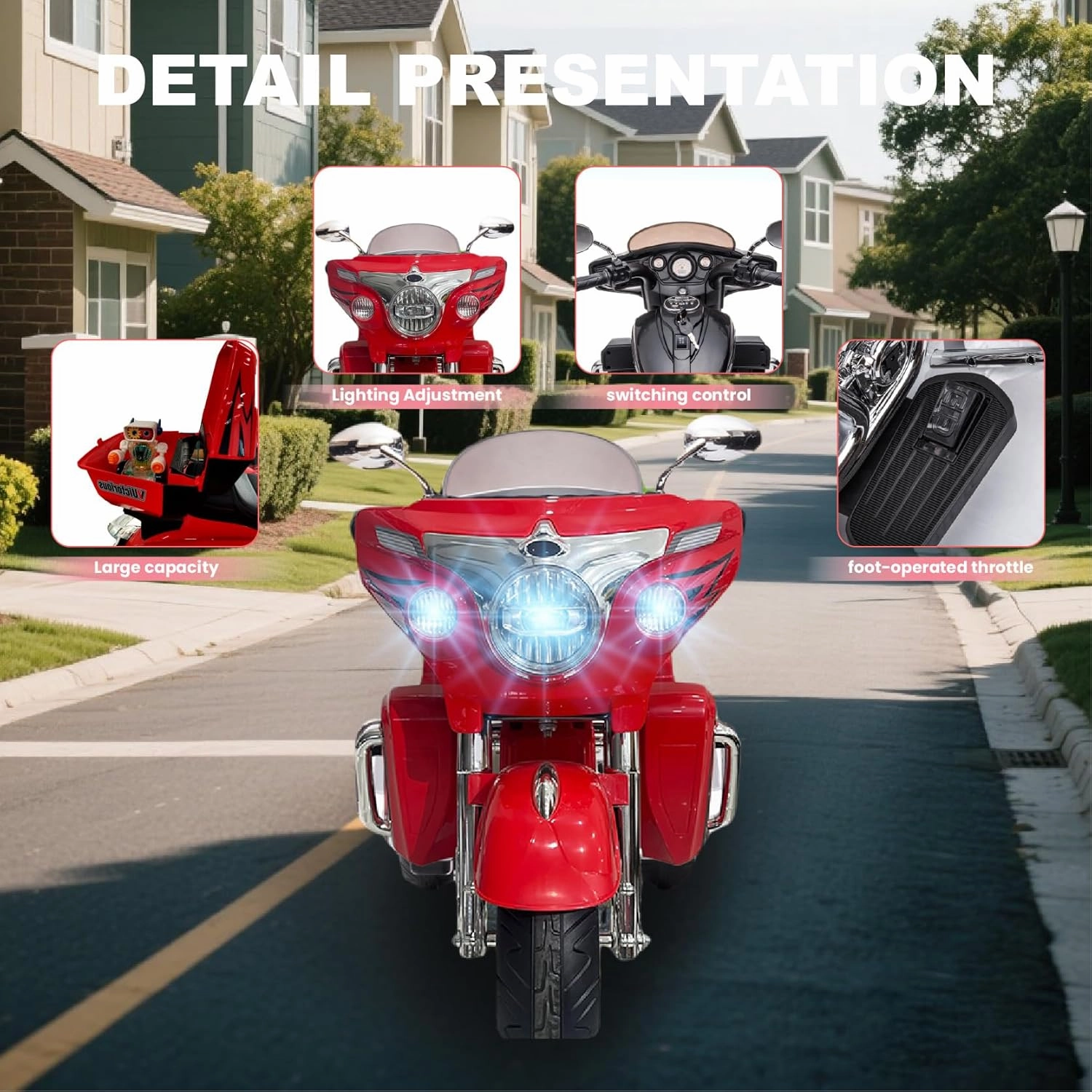 12V Electric Motorcycle for Kids Ages 3-8, 2 Seats Ride-On Motorbike with 3 Wheels, Bluetooth, USB, LED Light & Storage Box | Safe & Durable Kids Toy Vehicle (Red)