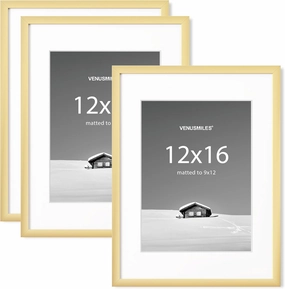 12x16 inch Picture Frame, 12x16 Photo Frames with 9x12 Removable Mat - High Definition Plexiglass - Vertical and Horizontal Display - Wall Hanging Frame - Gold, 3 Pack
