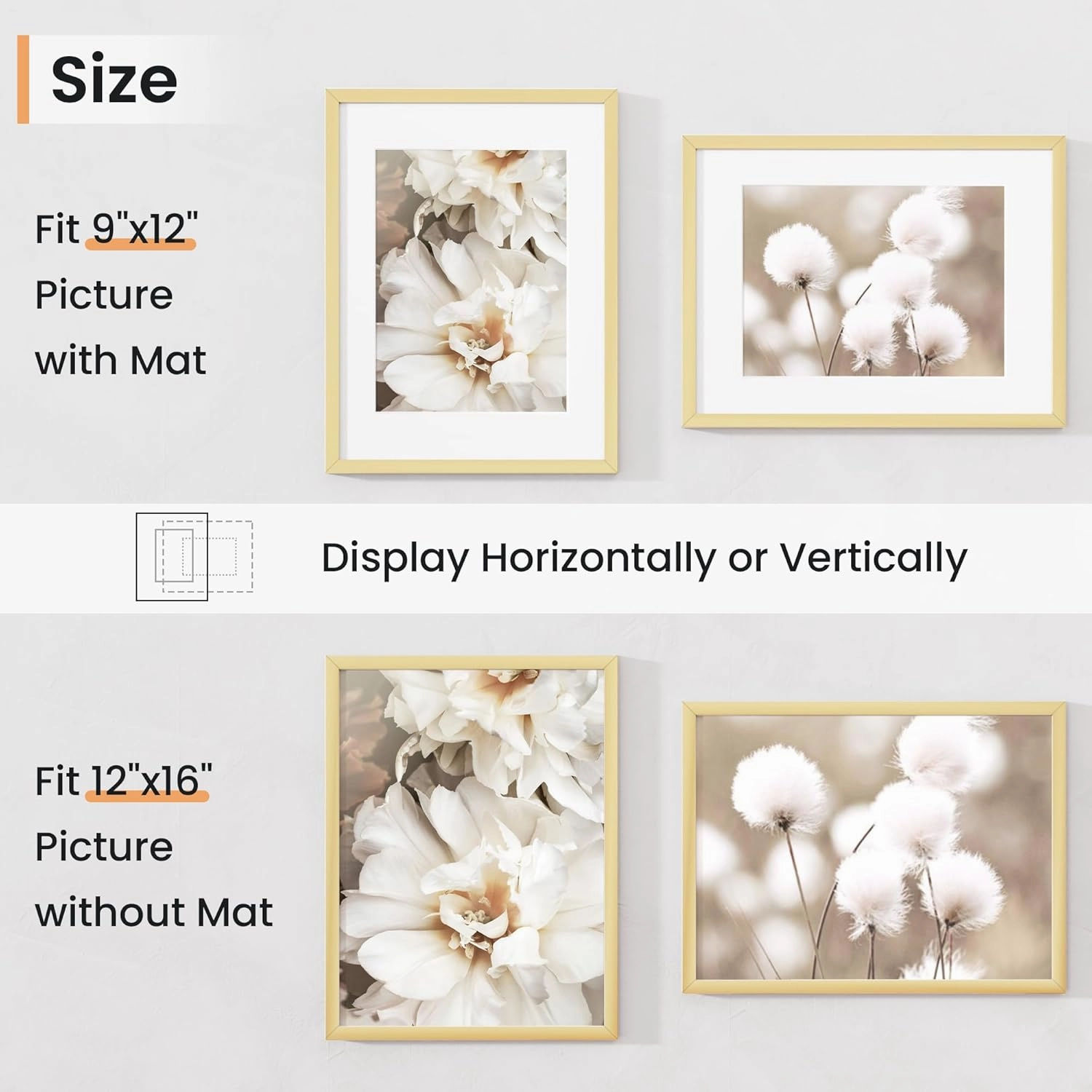 12x16 inch Picture Frame, 12x16 Photo Frames with 9x12 Removable Mat - High Definition Plexiglass - Vertical and Horizontal Display - Wall Hanging Frame - Gold, 3 Pack