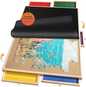 1500 Piece Puzzle Board Pro, 35" x 26" with Drawers, Rubber Cover Mat, Sort-Wise Colorful Felt Drawers & 4 Trays, Wooden Jigsaw Puzzle Table, Birthday Gifts for Mom