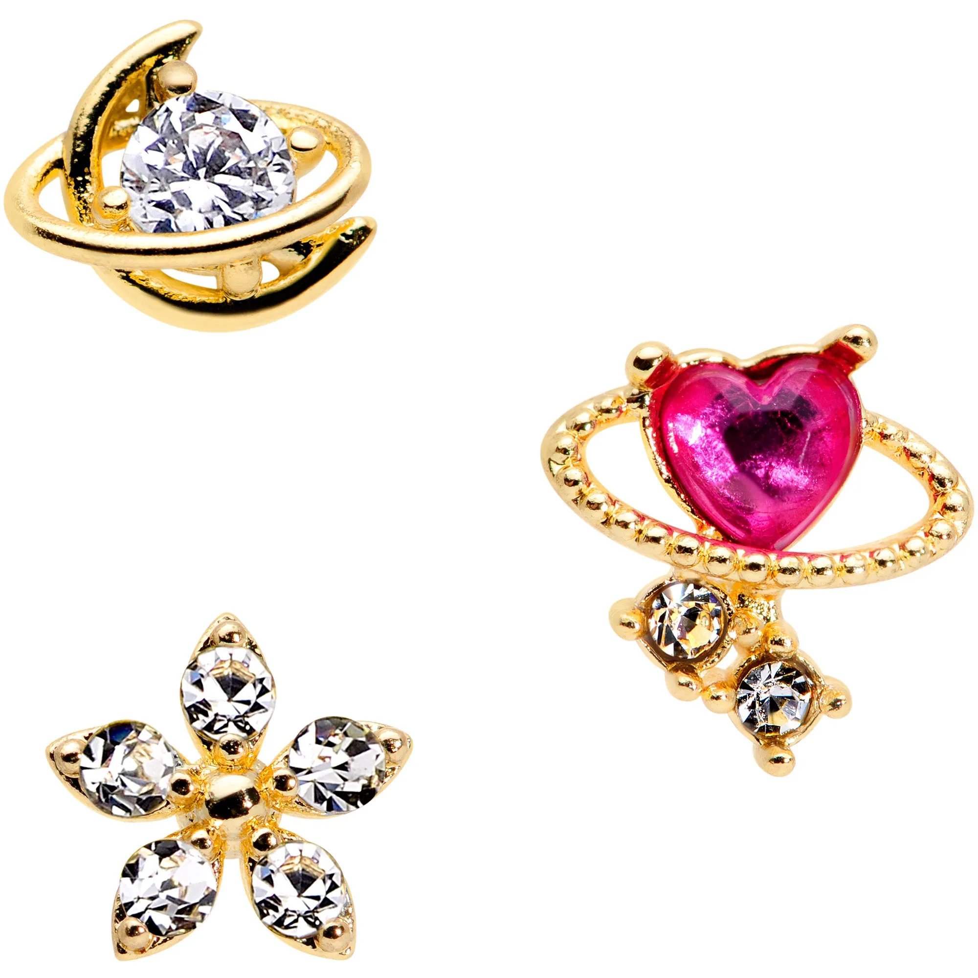 16 Gauge 1/4 Clear CZ Gem Gold Tone Moon Cartilage Tragus Set of 3