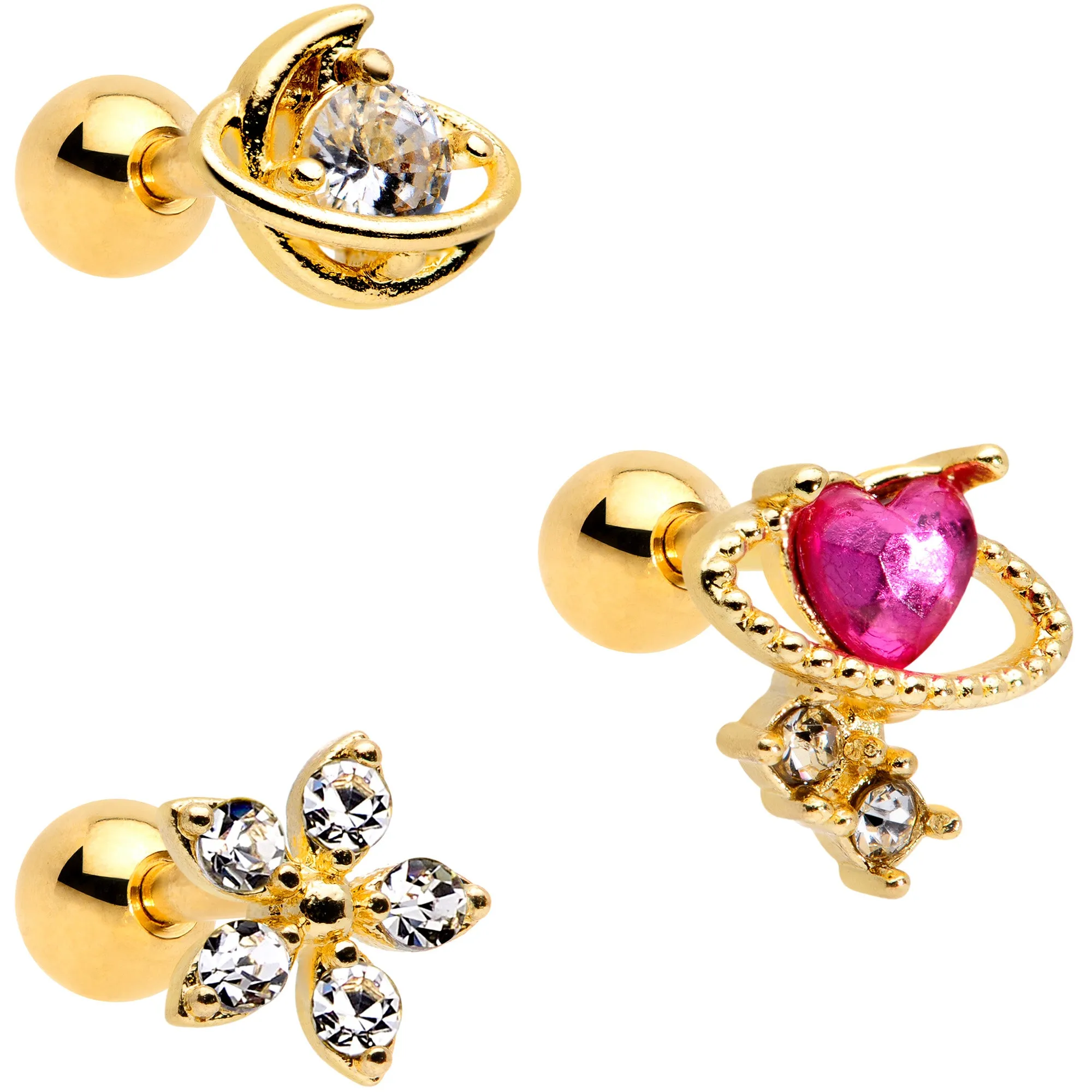 16 Gauge 1/4 Clear CZ Gem Gold Tone Moon Cartilage Tragus Set of 3