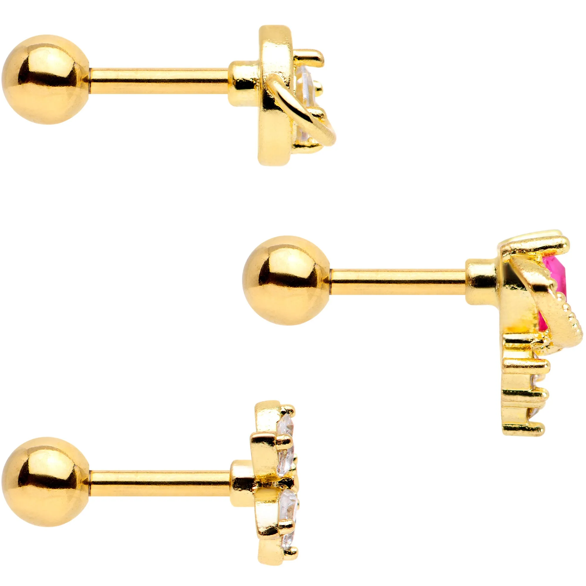 16 Gauge 1/4 Clear CZ Gem Gold Tone Moon Cartilage Tragus Set of 3
