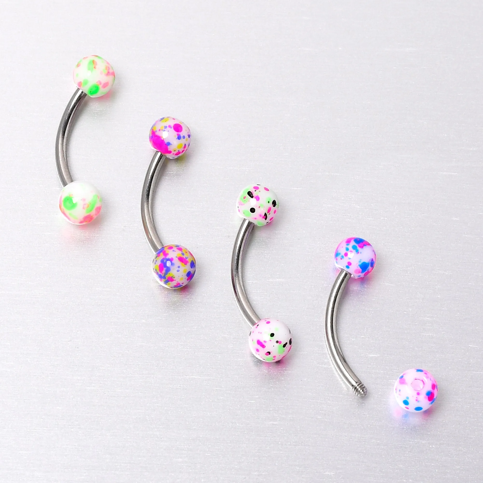 16 Gauge 3/8 Splatter Pink Green Blue Curved Eyebrow Ring Set of 4