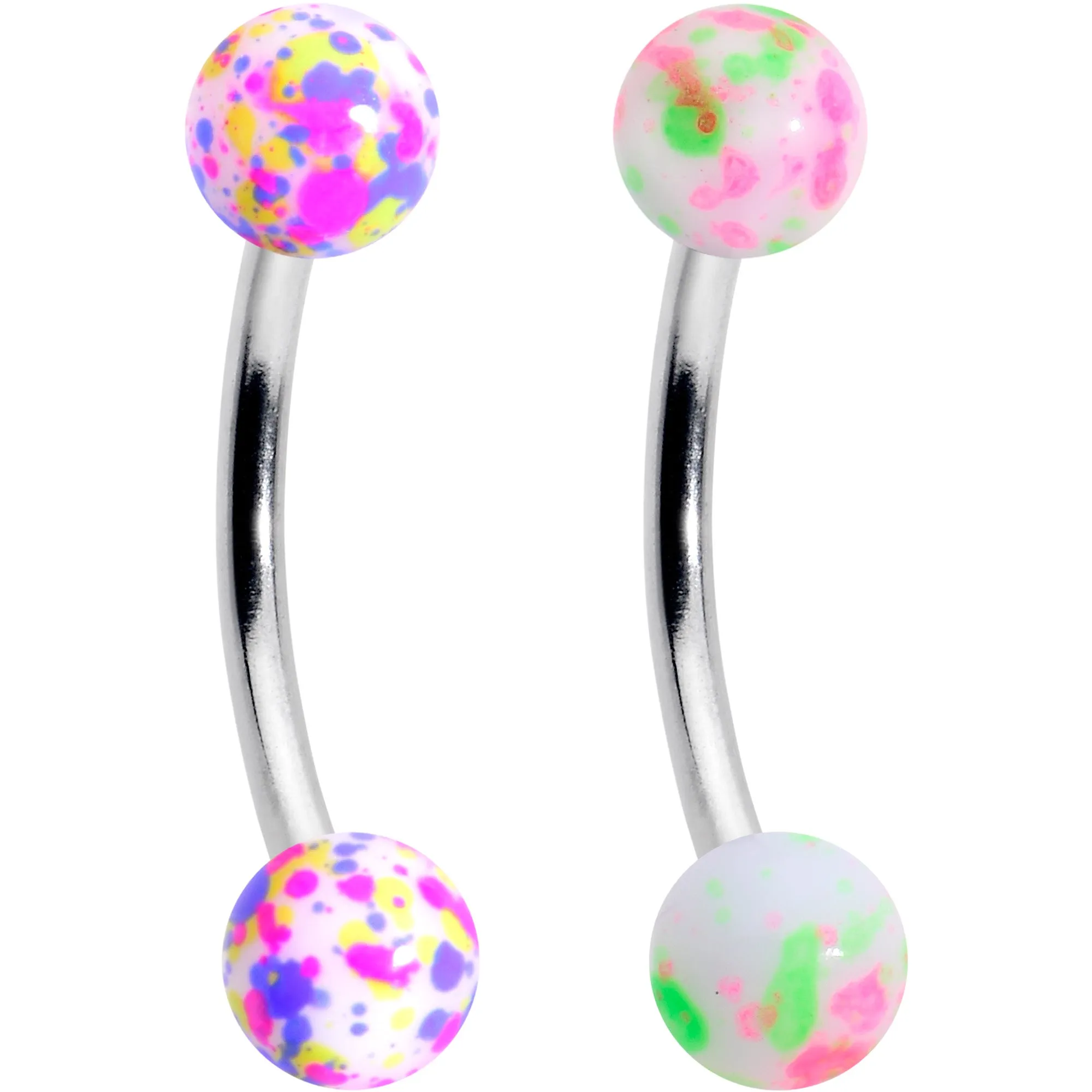 16 Gauge 3/8 Splatter Pink Green Blue Curved Eyebrow Ring Set of 4