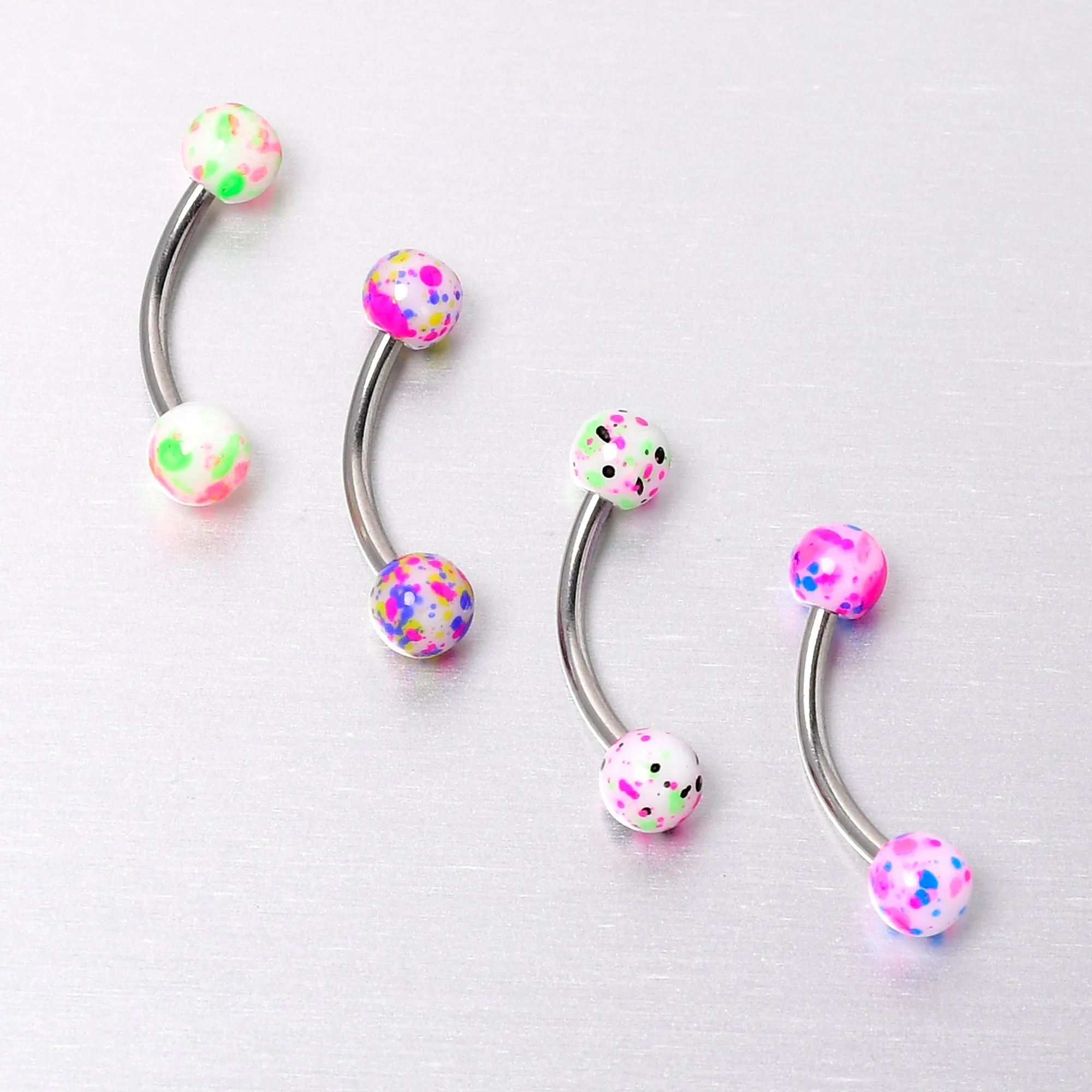 16 Gauge 3/8 Splatter Pink Green Blue Curved Eyebrow Ring Set of 4