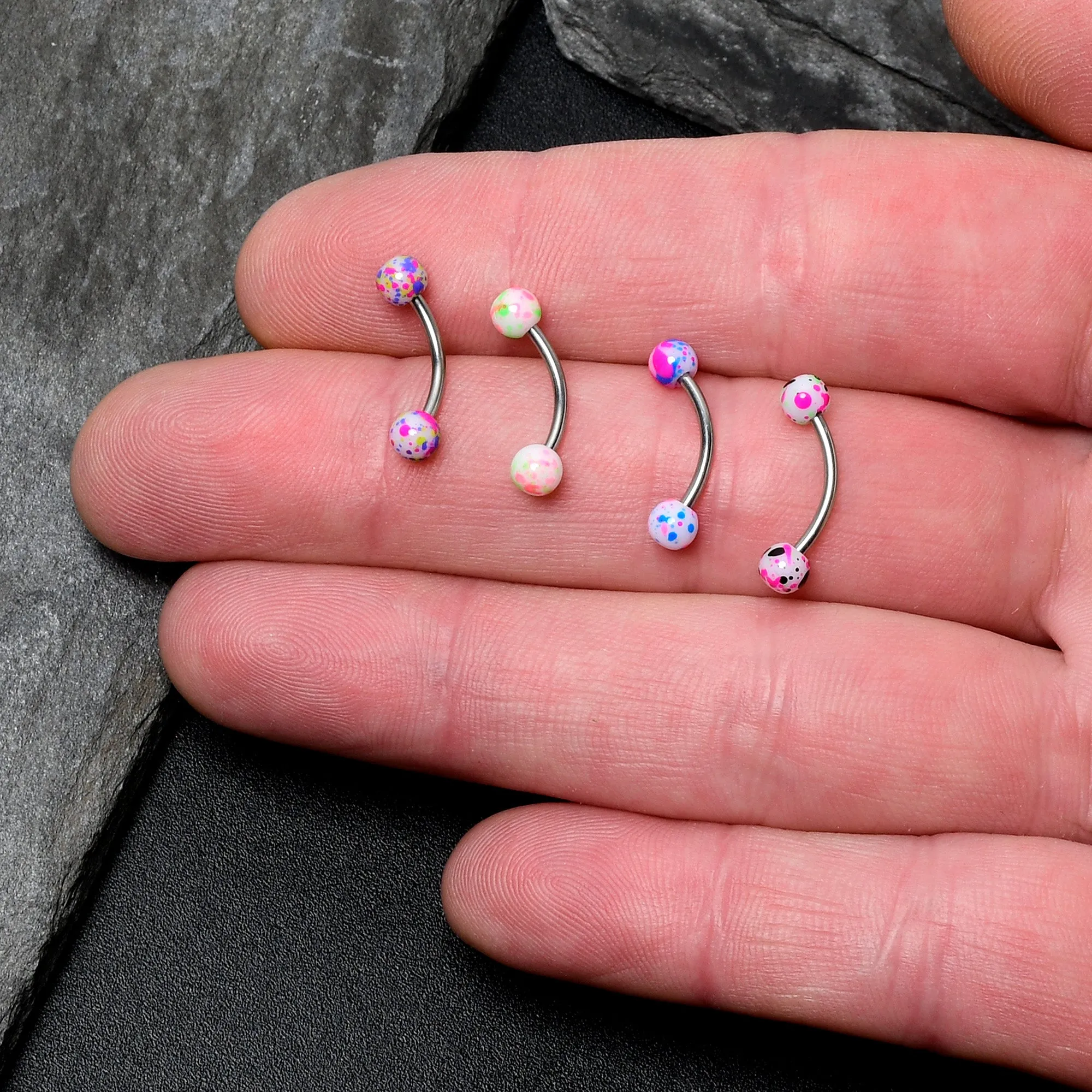 16 Gauge 3/8 Splatter Pink Green Blue Curved Eyebrow Ring Set of 4