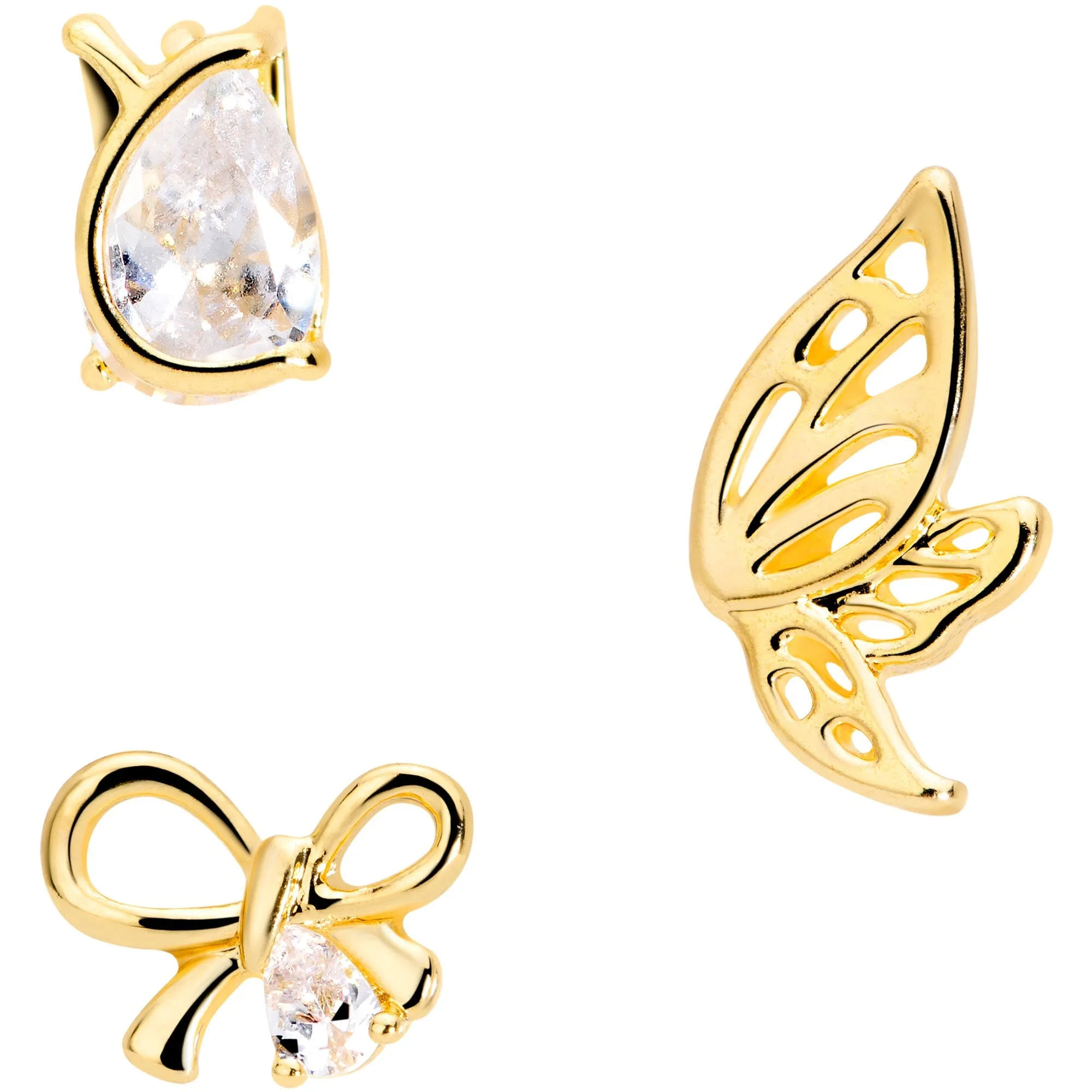 16 Gauge 5/16 Clear CZ Gem Gold Tone Bow Cartilage Tragus Set of 3