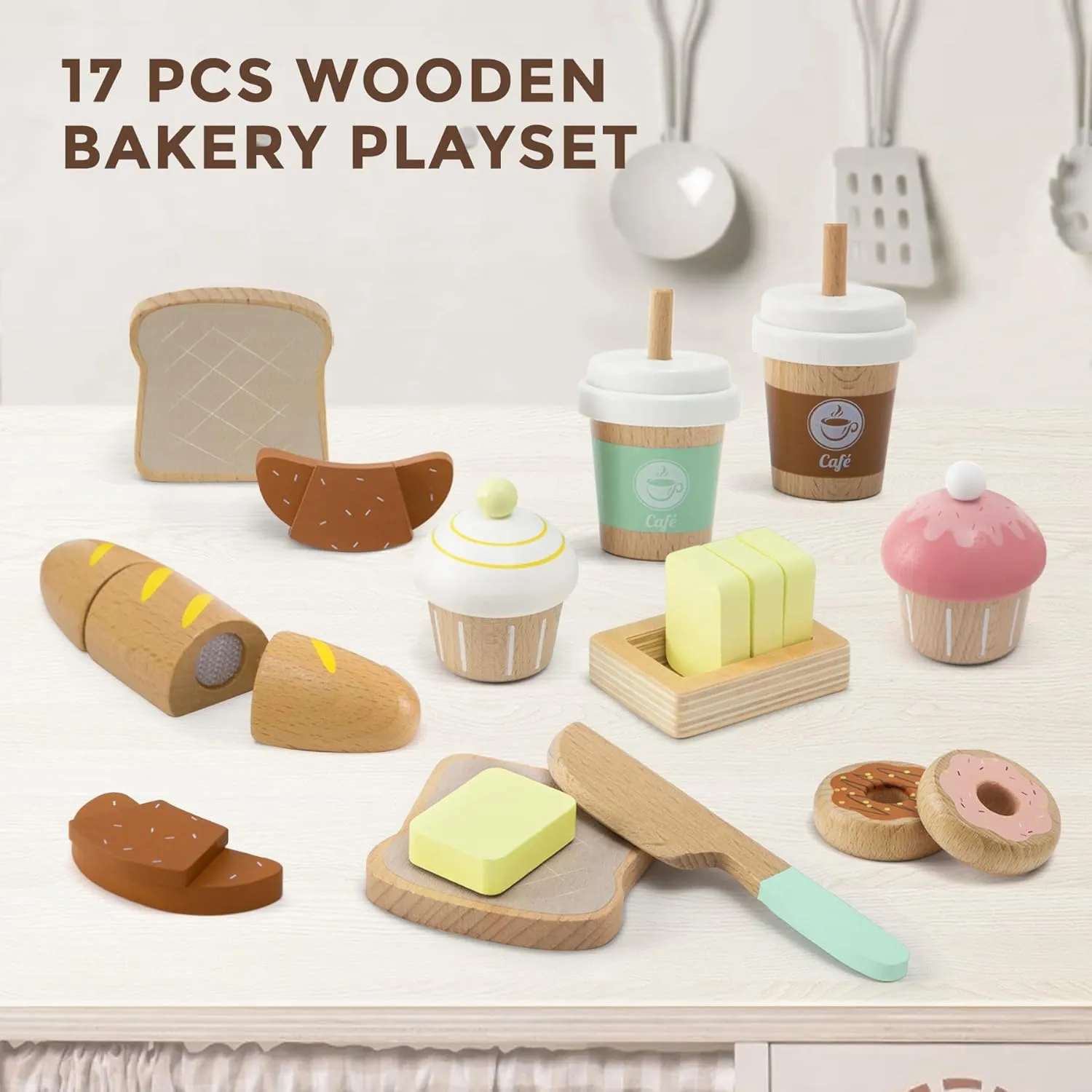 17 PCS Wooden Bakery Toy Food Playset for Kids, Pretend Picnic Play Food for Toddlers 3 , Play Kitchen Accessories with Shopping Bag, Cutting Food Toys, Gift for Girls Boys and Girls