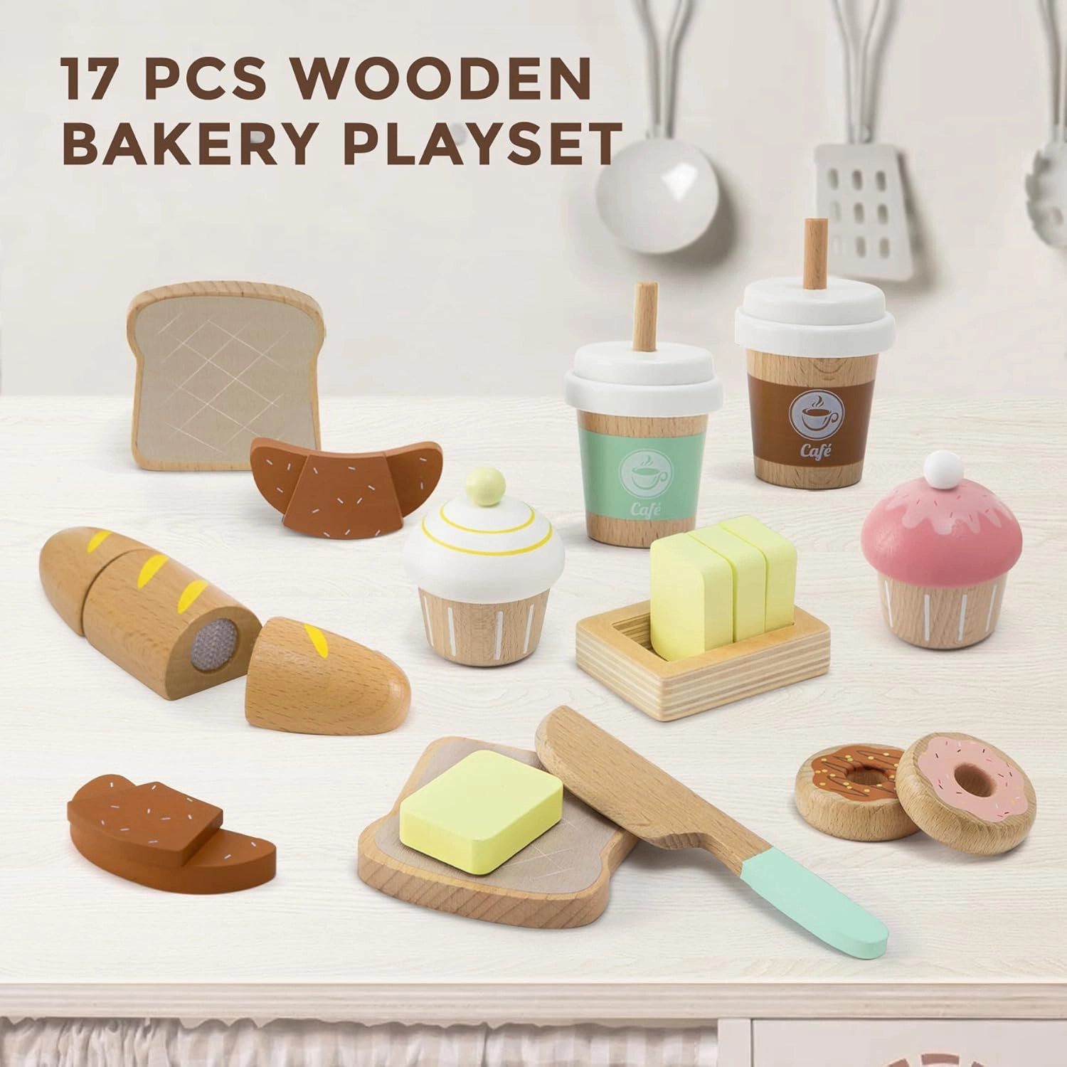17 PCS Wooden Bakery Toy Food Playset for Kids, Pretend Picnic Play Food for Toddlers 3 , Play Kitchen Accessories with Shopping Bag, Cutting Food Toys, Gift for Girls Boys and Girls