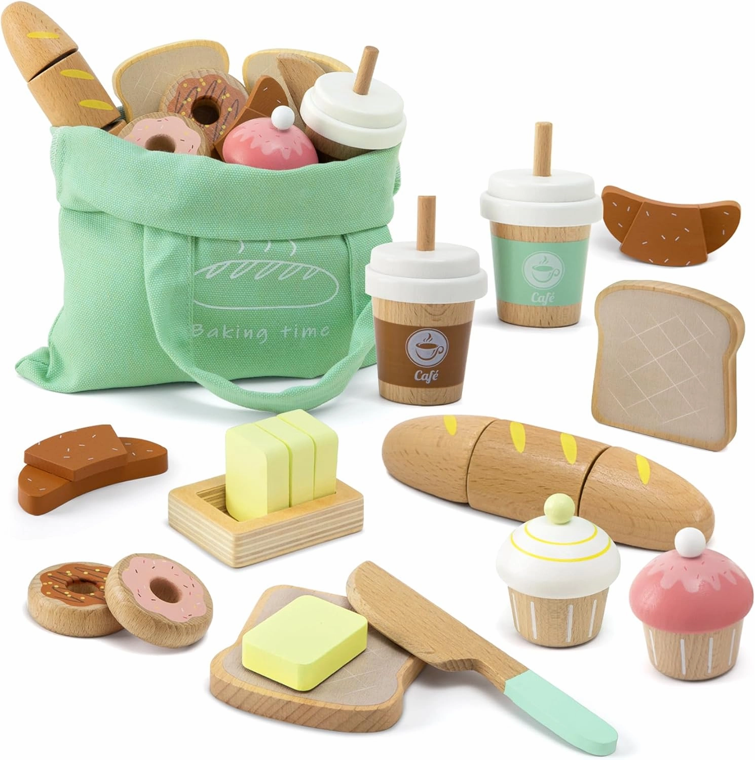 17 PCS Wooden Bakery Toy Food Playset for Kids, Pretend Picnic Play Food for Toddlers 3 , Play Kitchen Accessories with Shopping Bag, Cutting Food Toys, Gift for Girls Boys and Girls