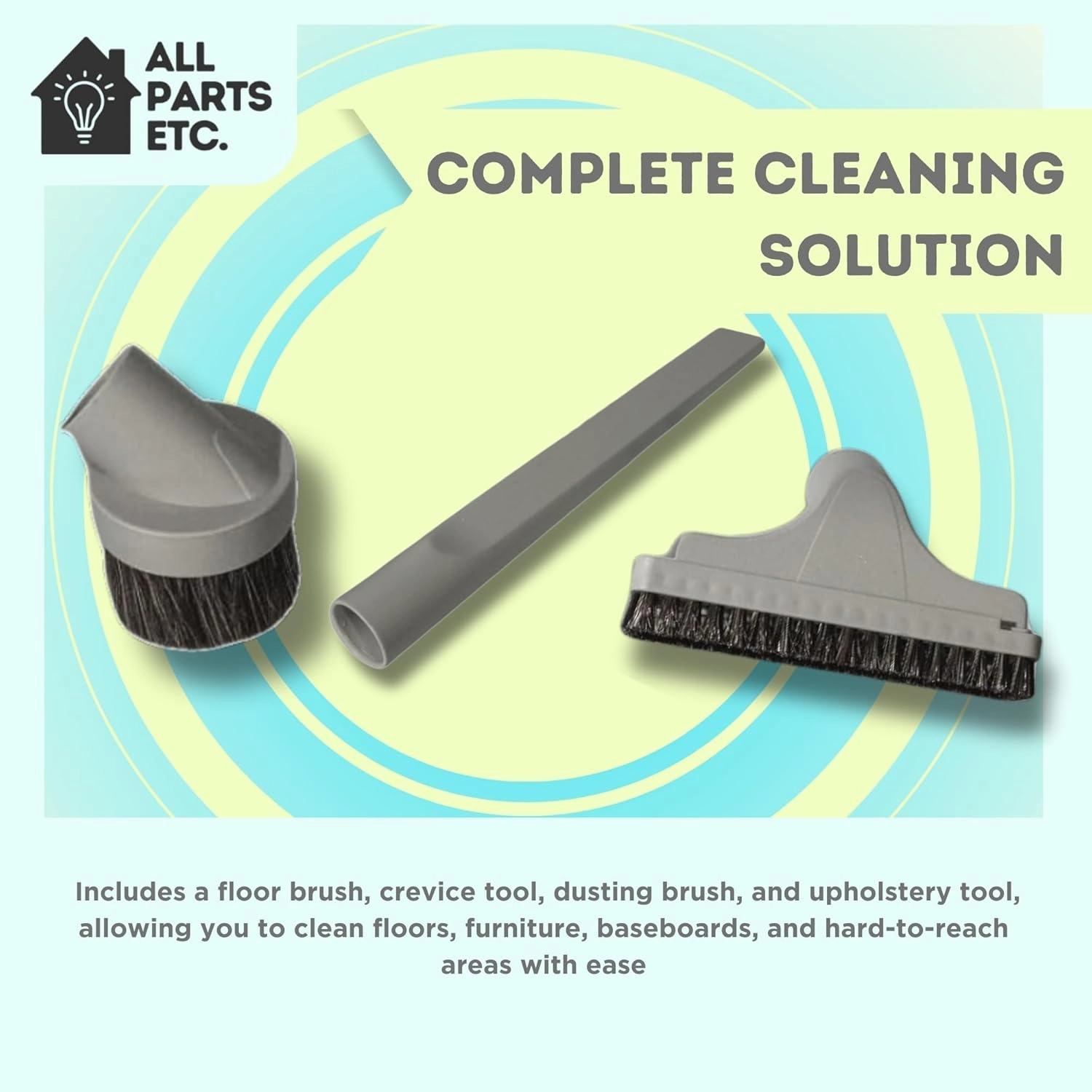 1.25" Gray Vacuum Attachment Kit with 2 Adapters (1-3/8" & 1-1/4") Floor Brush, Crevice Tool, Dust Brush, Upholstery Tool Compatible with Miele, Eureka, Kirby, Hoover, Shop Vac & More