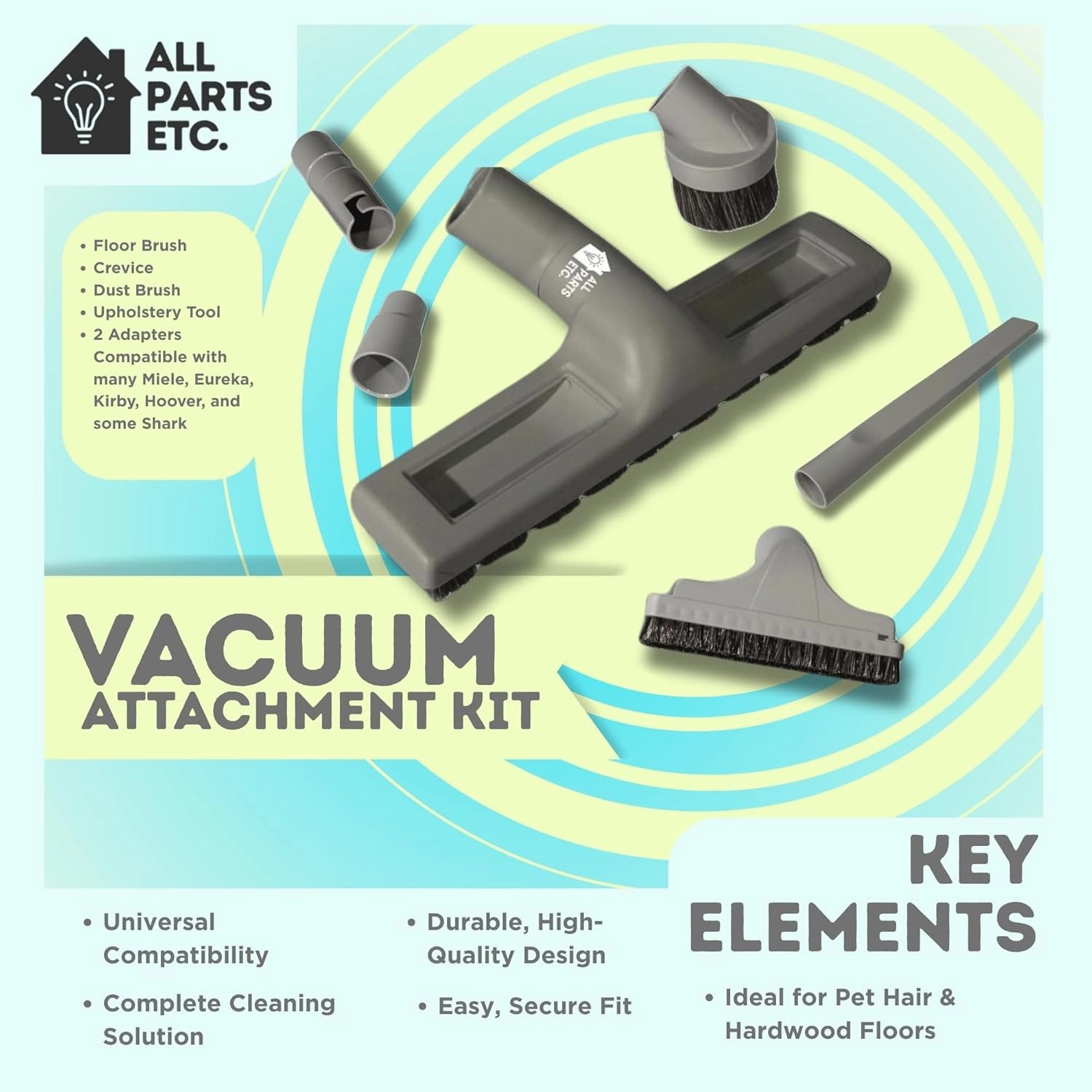 1.25" Gray Vacuum Attachment Kit with 2 Adapters (1-3/8" & 1-1/4") Floor Brush, Crevice Tool, Dust Brush, Upholstery Tool Compatible with Miele, Eureka, Kirby, Hoover, Shop Vac & More