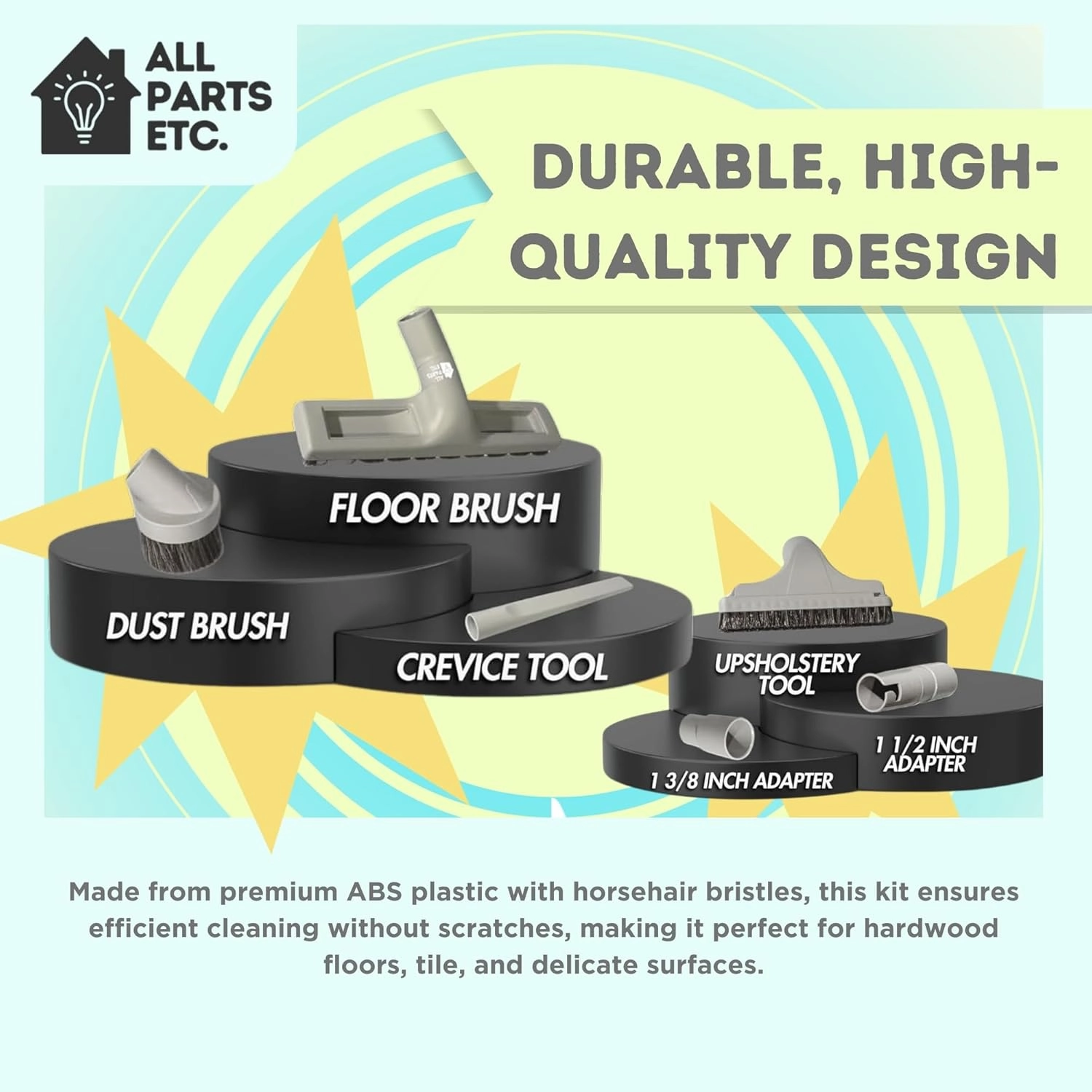 1.25" Gray Vacuum Attachment Kit with 2 Adapters (1-3/8" & 1-1/4") Floor Brush, Crevice Tool, Dust Brush, Upholstery Tool Compatible with Miele, Eureka, Kirby, Hoover, Shop Vac & More
