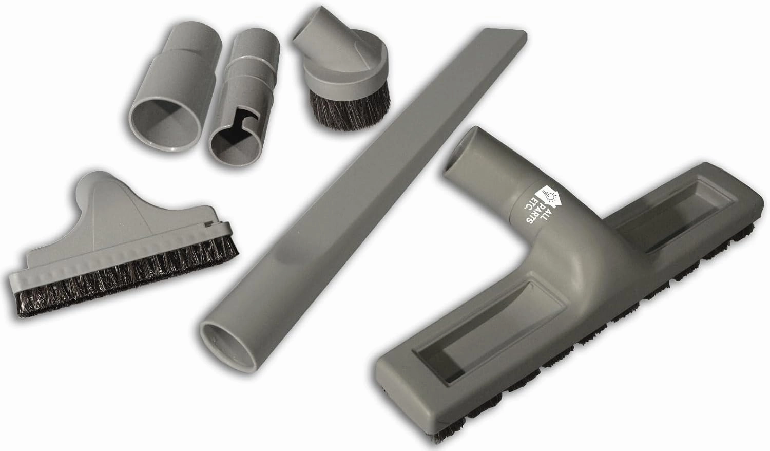 1.25" Gray Vacuum Attachment Kit with 2 Adapters (1-3/8" & 1-1/4") Floor Brush, Crevice Tool, Dust Brush, Upholstery Tool Compatible with Miele, Eureka, Kirby, Hoover, Shop Vac & More