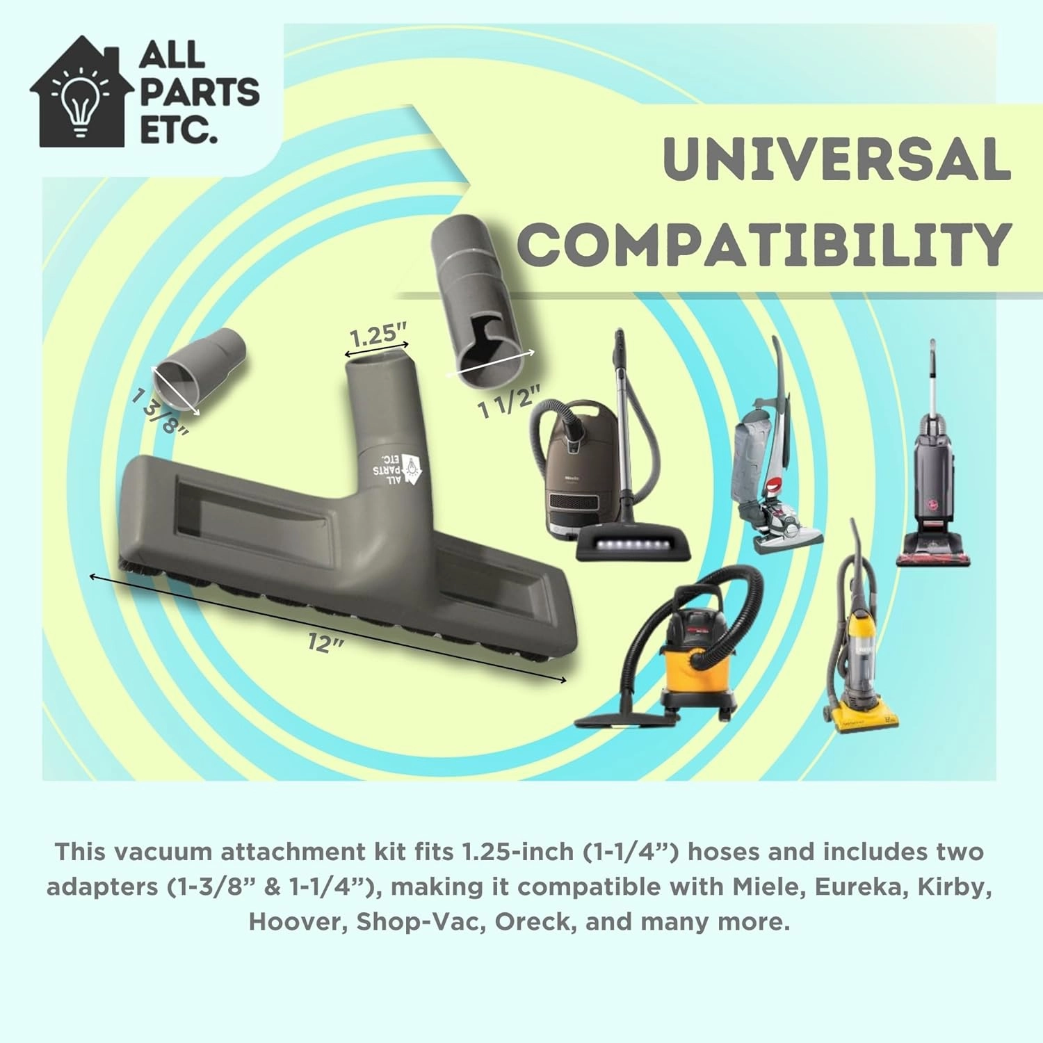 1.25" Gray Vacuum Attachment Kit with 2 Adapters (1-3/8" & 1-1/4") Floor Brush, Crevice Tool, Dust Brush, Upholstery Tool Compatible with Miele, Eureka, Kirby, Hoover, Shop Vac & More