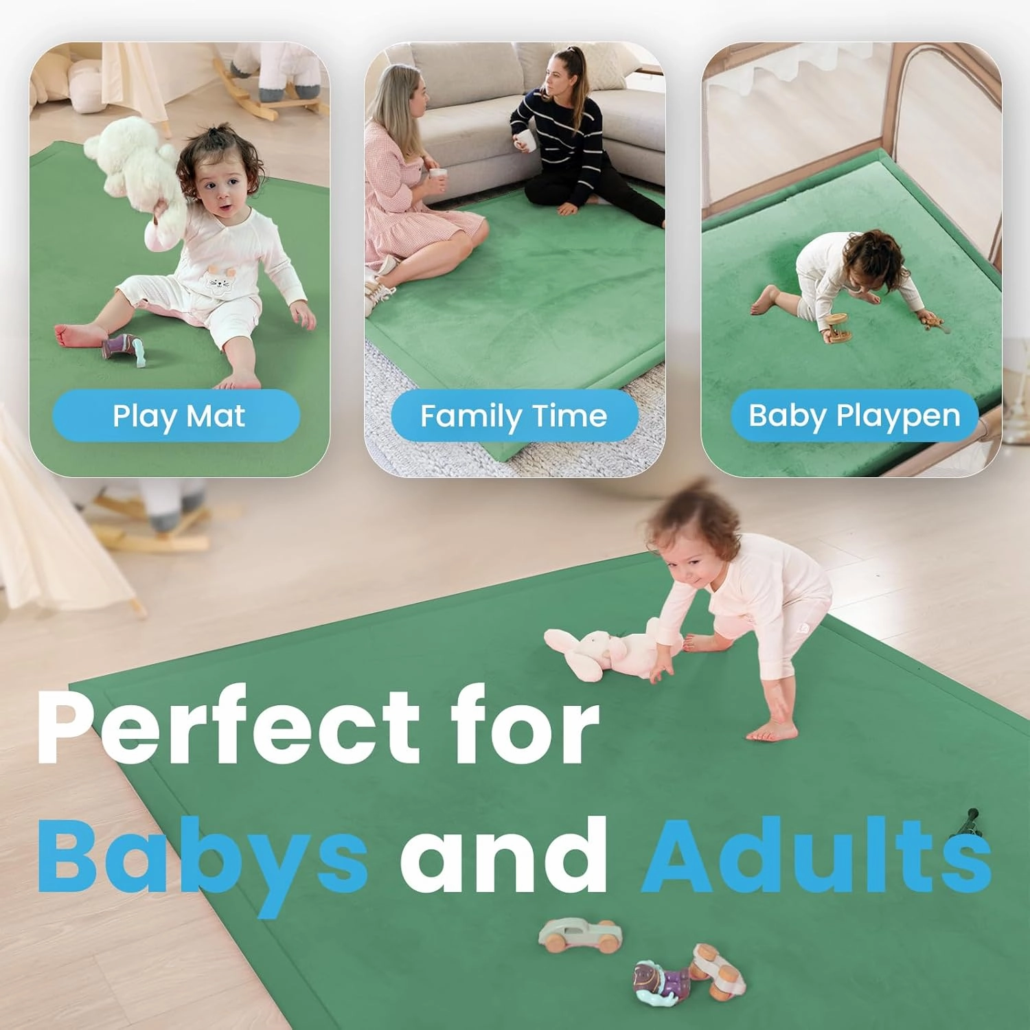 1.3" Thick Baby Play Mat,Ultra Soft Elasti-Foam 50×50 Playpen Mat for Tummy Time,Water-Repellent Coral Fleece Nursery Rug for Infants,Toddlers,Kids,Non-Slip Safe for Crawling(Emerald)
