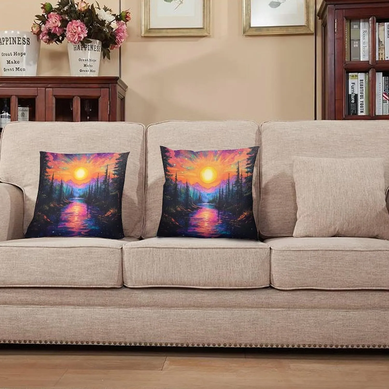 2 Packs Abstract Tree Forest Throw Pillow Covers for Living Room, Woodland Stream Star Sky Pillow Covers Cushion Case for Couch Sofa Bed