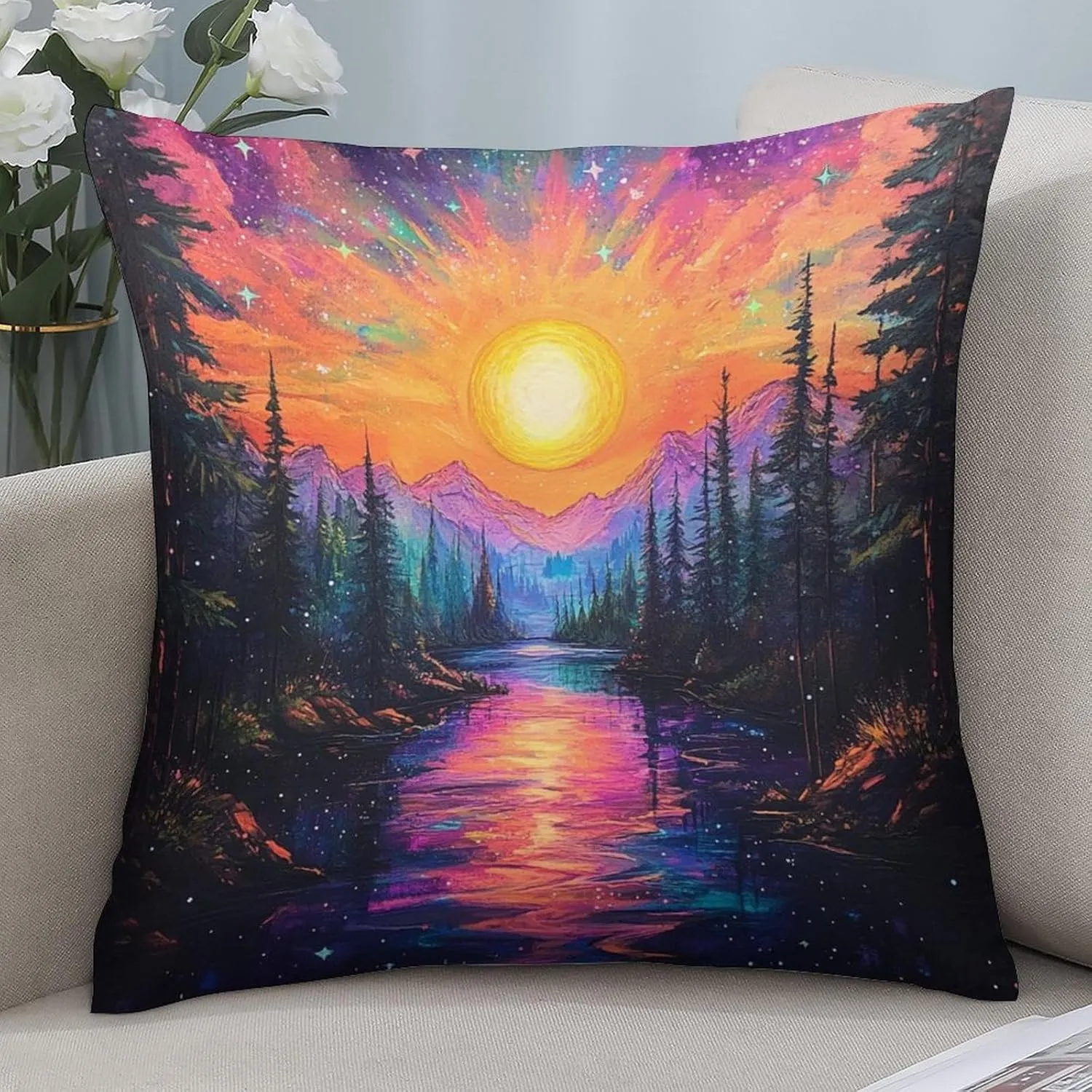 2 Packs Abstract Tree Forest Throw Pillow Covers for Living Room, Woodland Stream Star Sky Pillow Covers Cushion Case for Couch Sofa Bed