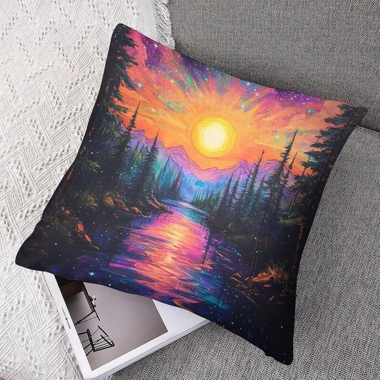 2 Packs Abstract Tree Forest Throw Pillow Covers for Living Room, Woodland Stream Star Sky Pillow Covers Cushion Case for Couch Sofa Bed