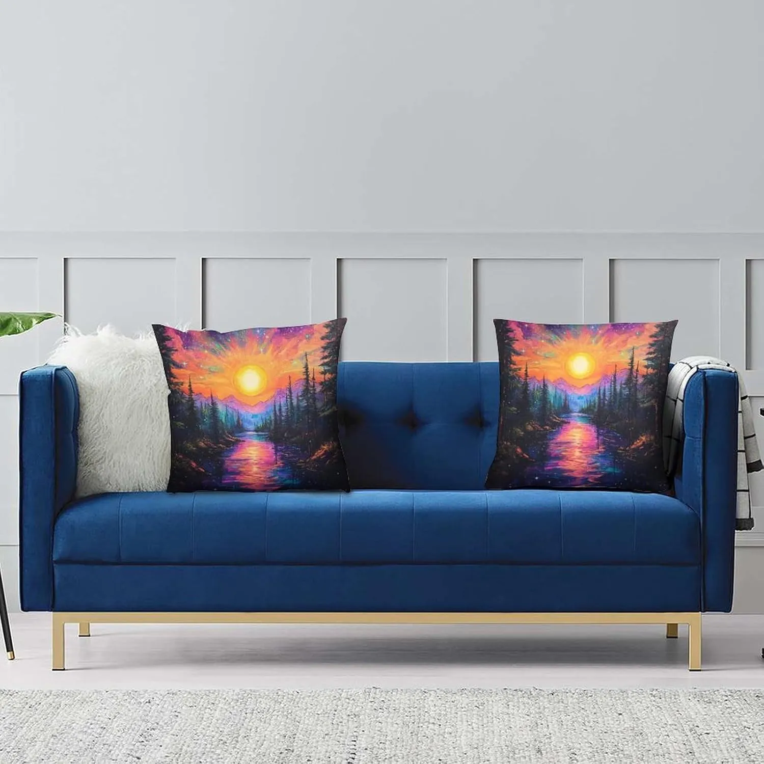2 Packs Abstract Tree Forest Throw Pillow Covers for Living Room, Woodland Stream Star Sky Pillow Covers Cushion Case for Couch Sofa Bed