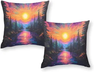 2 Packs Abstract Tree Forest Throw Pillow Covers for Living Room, Woodland Stream Star Sky Pillow Covers Cushion Case for Couch Sofa Bed