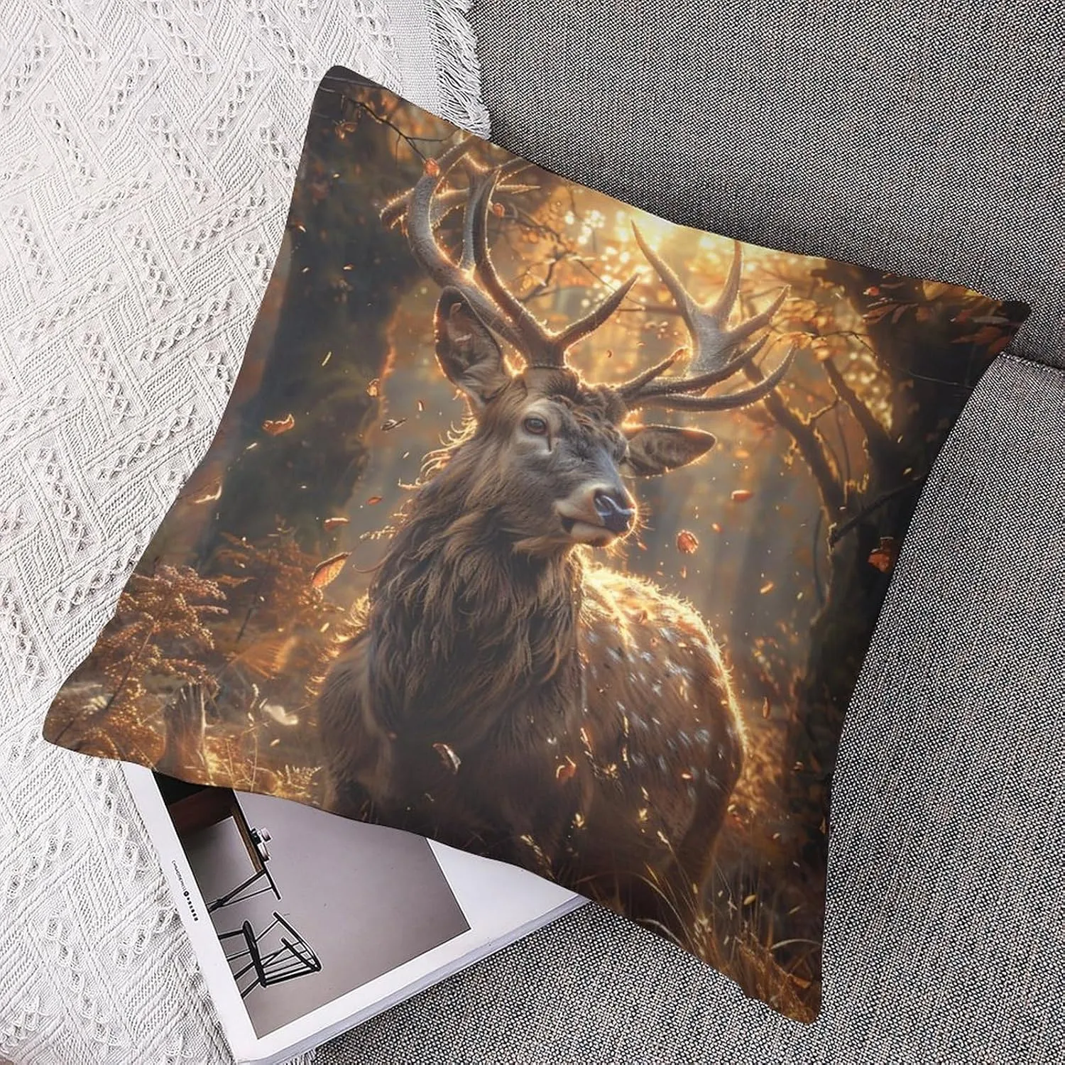 2 Packs Deer Wild Animal Throw Pillow Covers for Living Room, Nature Forest Tree Leaf Elk Pillow Covers Cushion Case for Couch Sofa Bed, 20x20 inch