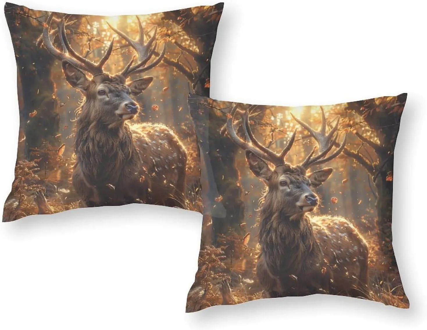 2 Packs Deer Wild Animal Throw Pillow Covers for Living Room, Nature Forest Tree Leaf Elk Pillow Covers Cushion Case for Couch Sofa Bed, 20x20 inch