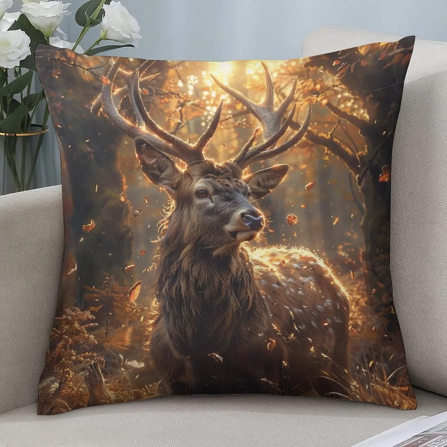 2 Packs Deer Wild Animal Throw Pillow Covers for Living Room, Nature Forest Tree Leaf Elk Pillow Covers Cushion Case for Couch Sofa Bed, 20x20 inch