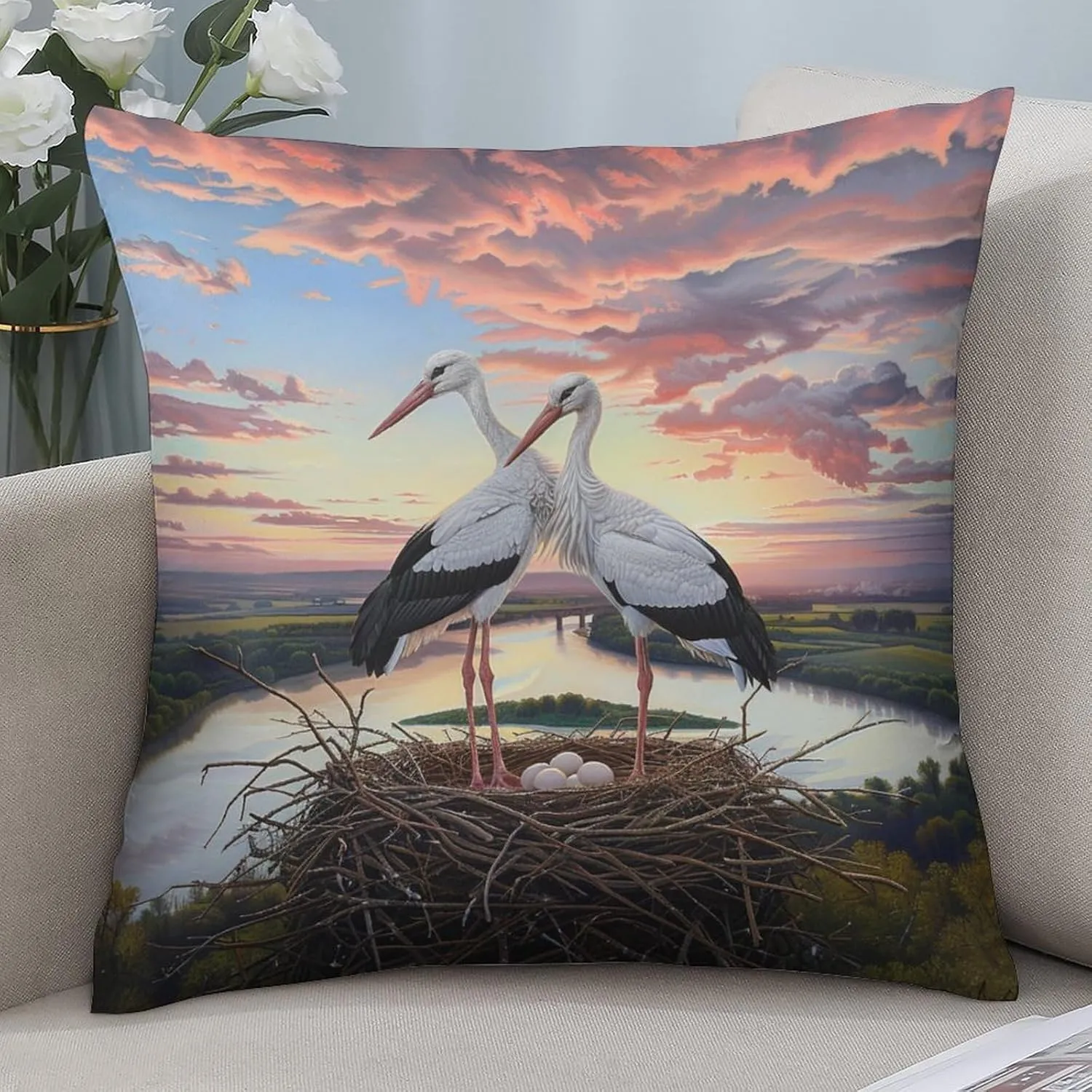 2 Packs Sunset Bird Throw Pillow Covers for Living Room, Cloud Stork Egg Stream Jungle Pillow Covers Cushion Case for Couch Sofa Bed, 16x16 inch
