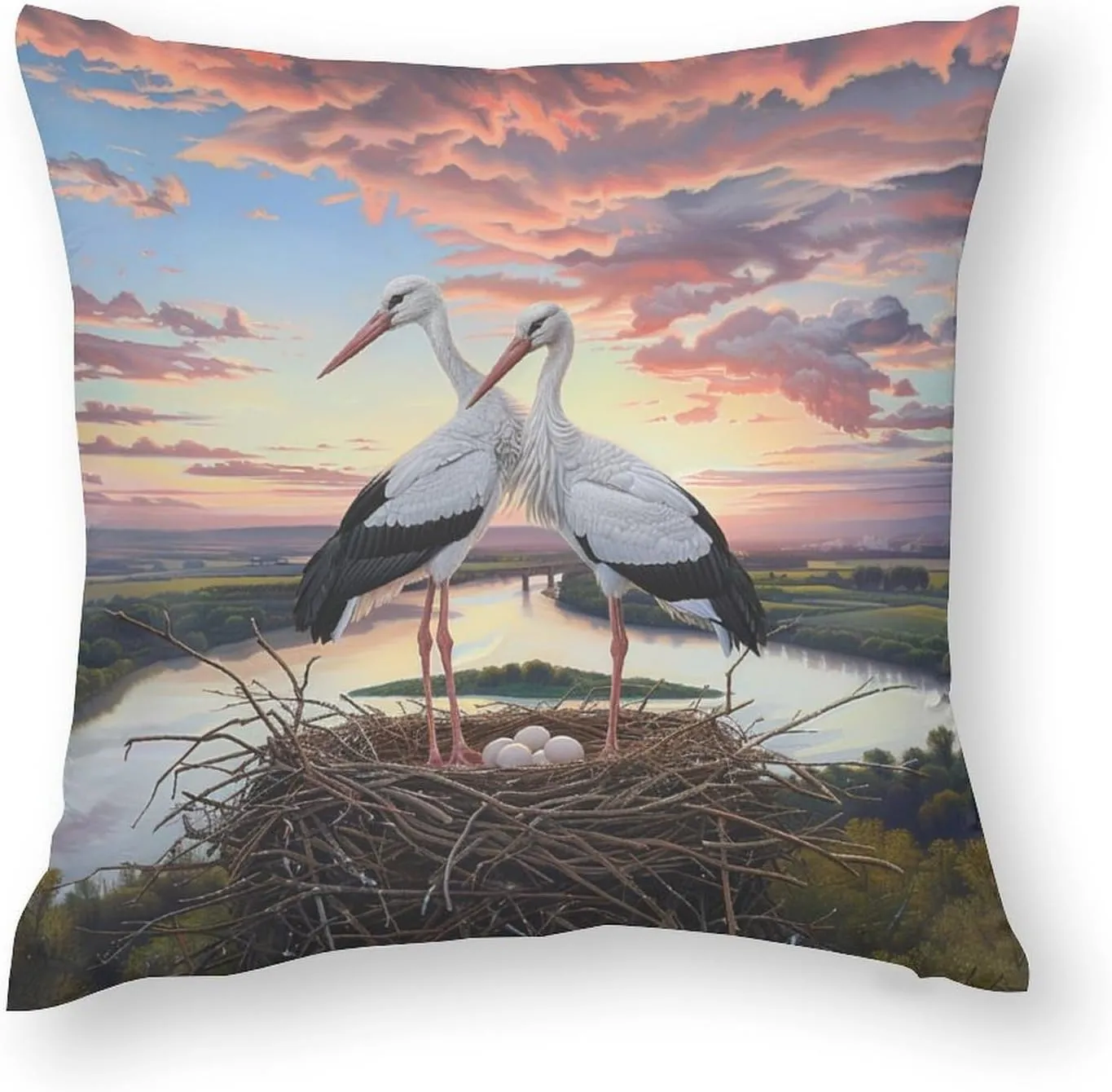 2 Packs Sunset Bird Throw Pillow Covers for Living Room, Cloud Stork Egg Stream Jungle Pillow Covers Cushion Case for Couch Sofa Bed, 16x16 inch