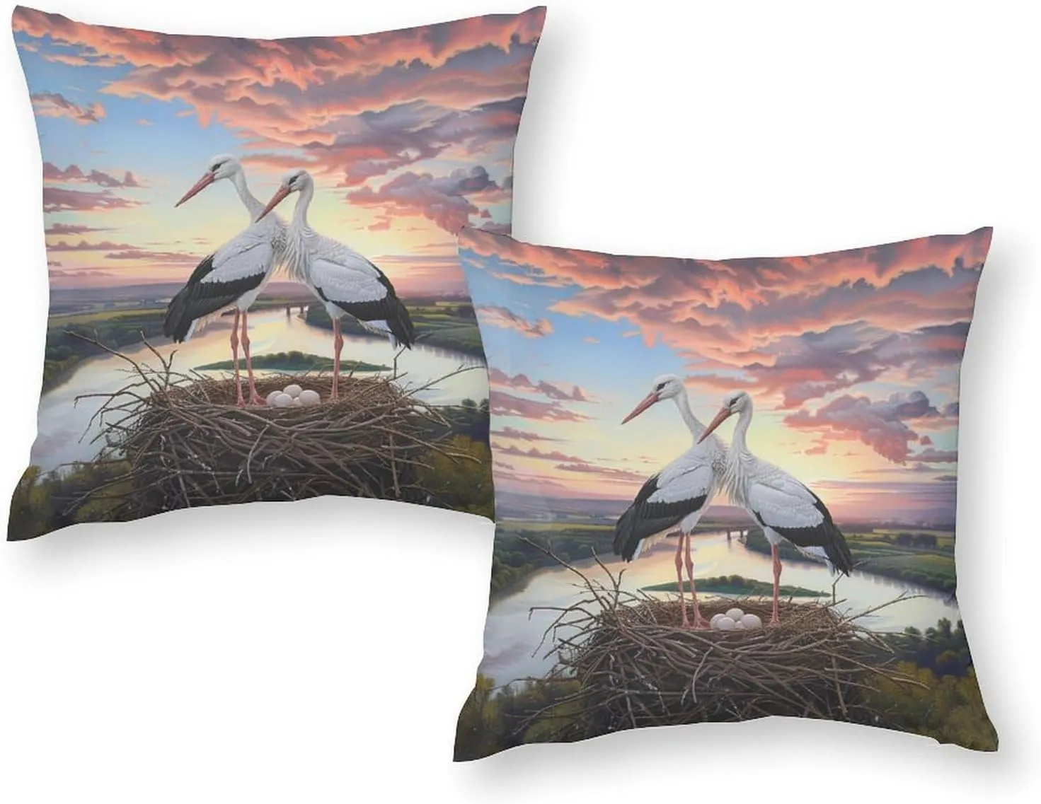 2 Packs Sunset Bird Throw Pillow Covers for Living Room, Cloud Stork Egg Stream Jungle Pillow Covers Cushion Case for Couch Sofa Bed, 16x16 inch