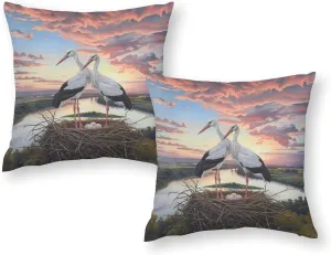 2 Packs Sunset Bird Throw Pillow Covers for Living Room, Cloud Stork Egg Stream Jungle Pillow Covers Cushion Case for Couch Sofa Bed, 16x16 inch