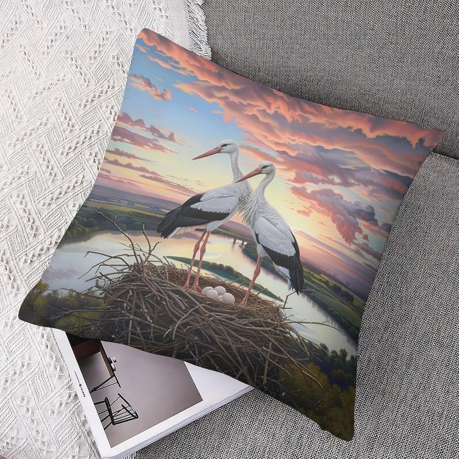 2 Packs Sunset Bird Throw Pillow Covers for Living Room, Cloud Stork Egg Stream Jungle Pillow Covers Cushion Case for Couch Sofa Bed, 16x16 inch