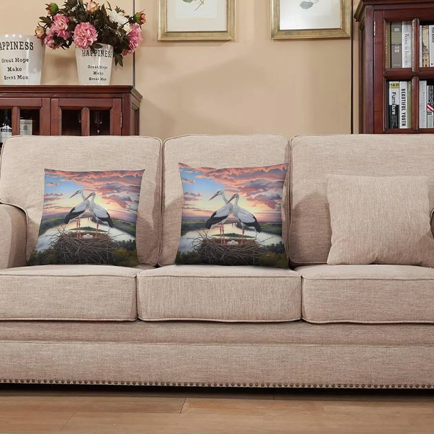 2 Packs Sunset Bird Throw Pillow Covers for Living Room, Cloud Stork Egg Stream Jungle Pillow Covers Cushion Case for Couch Sofa Bed, 16x16 inch